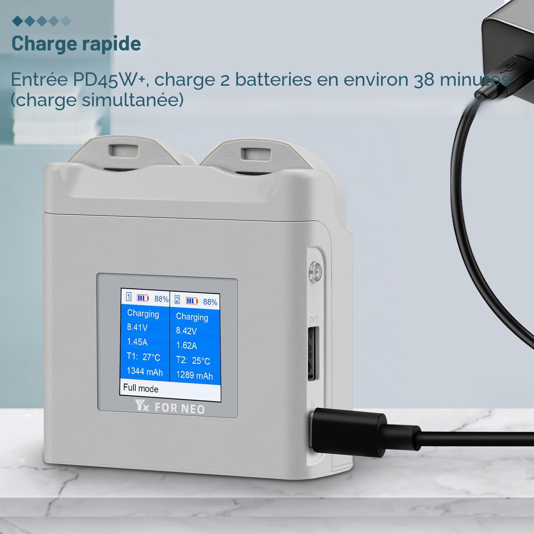 LCD multifonction double chargeur de batterie avec charge de stockage pour drone DJI Neo, hub de charge bidirectionnel, charge rapide 2 batteries accessoires