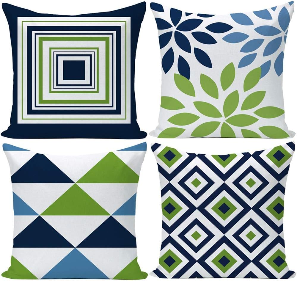Navy Pear Green New Living Series Geometric Cotton Linen Indoor Outdoor Pillow Case Cushion Cover for Car Sofa Home Decor 20 x 20 Inch Set of 4