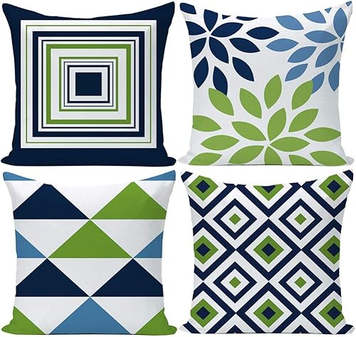 Juego de 4 fundas para cojín decorativo para sofá, 18x18 pulgadas, diseño de campanas, calcetines, árbol de navidad, de lino de algodón, paquete de