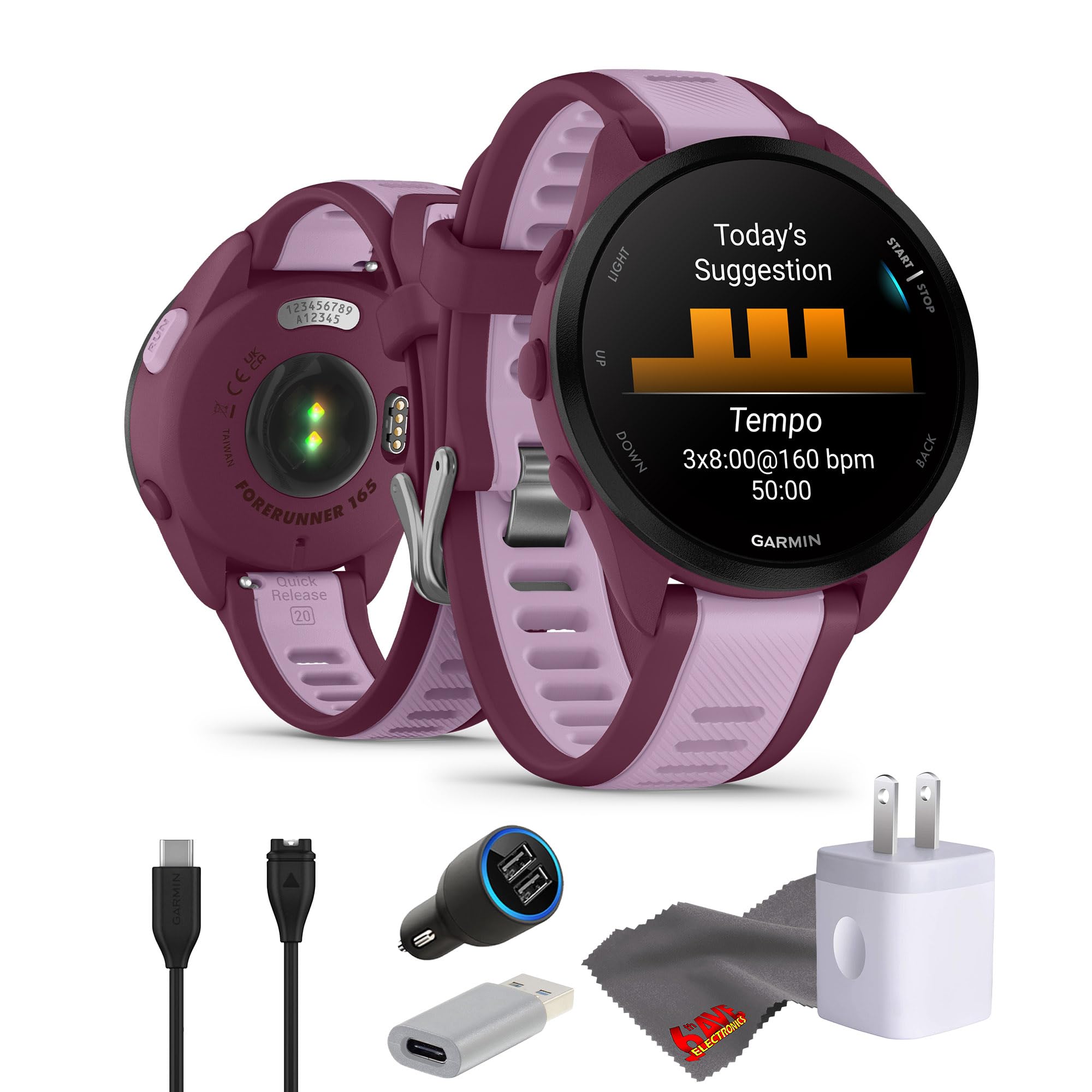 Garmin Forerunner 165 Music GPS Running Smartwatch, Fitness Tracker Smart Watch for Men and Women Bundle with Accessories - Berry/Lilac