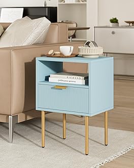 Nightstand,Morden Bedside Table with Gold Frame,Small Blue Night Stand,End Table,Bedside Furniture,Side Table with Drawer and Shelf for Bedroom,Living Room (1Drawer, Blue)