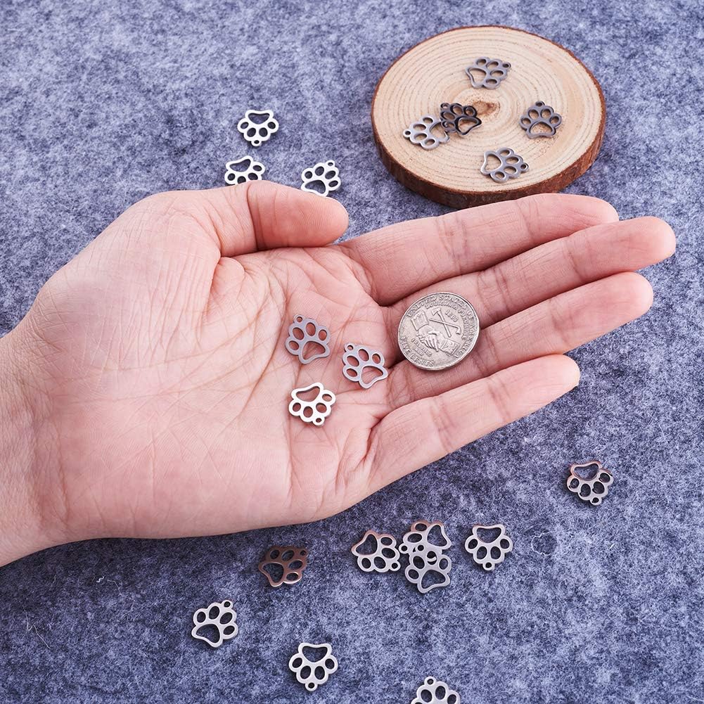 Pandahall 50pcs Dog Paw Stainless Steel Dangle Charms Pendants 12.9x11.8x1mm Tiny Metal Double Side Bead Charms for DIY Craft Jewelry Making