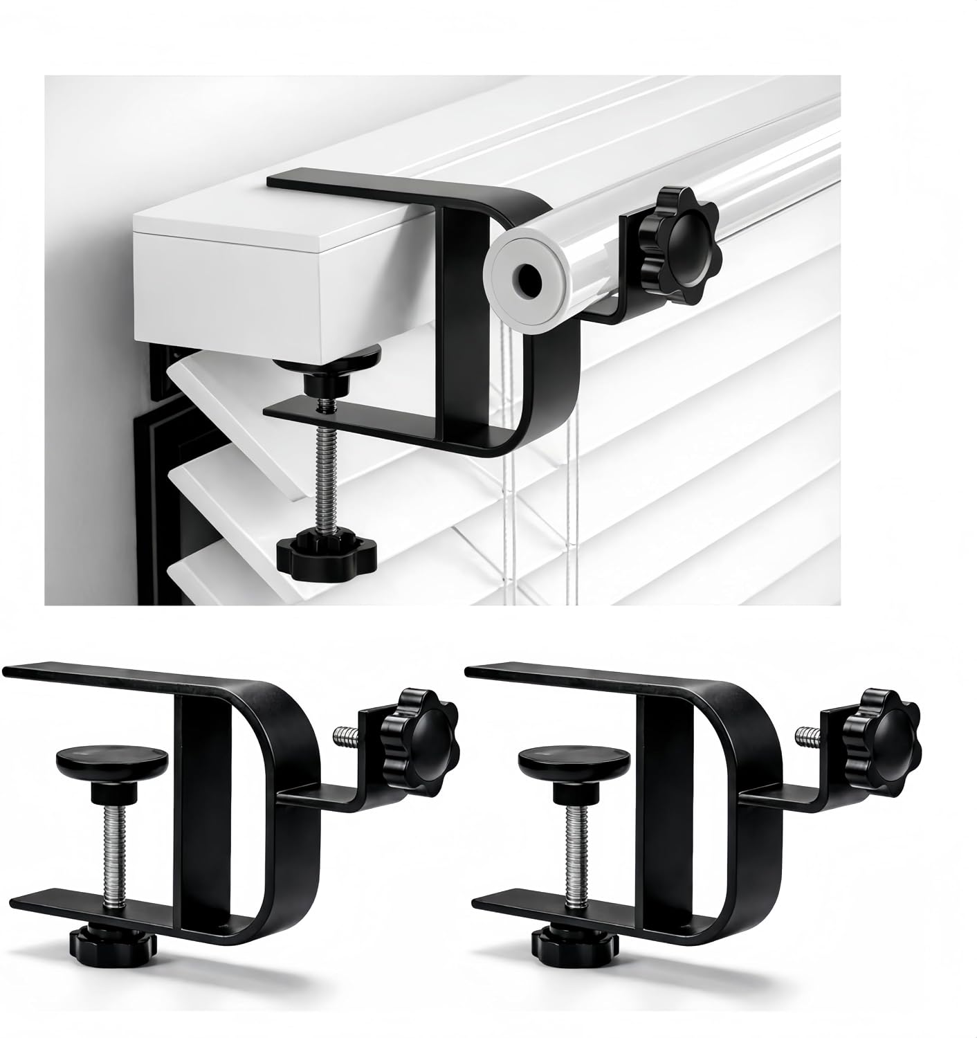 Inside Mount Curtain Rod Bracket for Blinds, No Drill Blind Adapter, Easy 1-Min Tool-Free Install, No Wall Damage, Adjustable 0.8–2.2" Headrail, Fits 1" Rod, for Apartments & Rentals, Black, 2 Pack