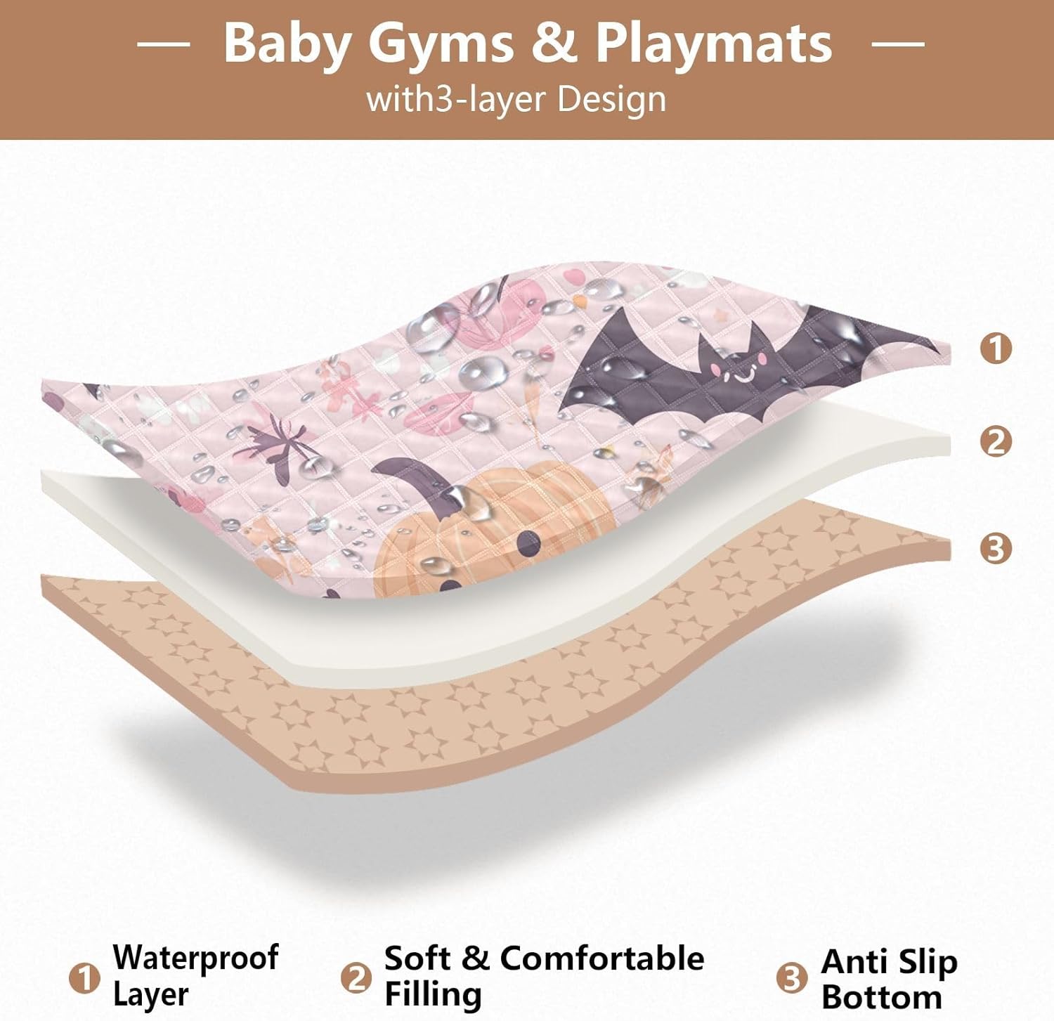 Ghost and Halloween Pumpkin Baby Play Mat, 50“ X 50” Washable Folding Crawling Mat, Baby Floor Mat, Soft, Non-Slip