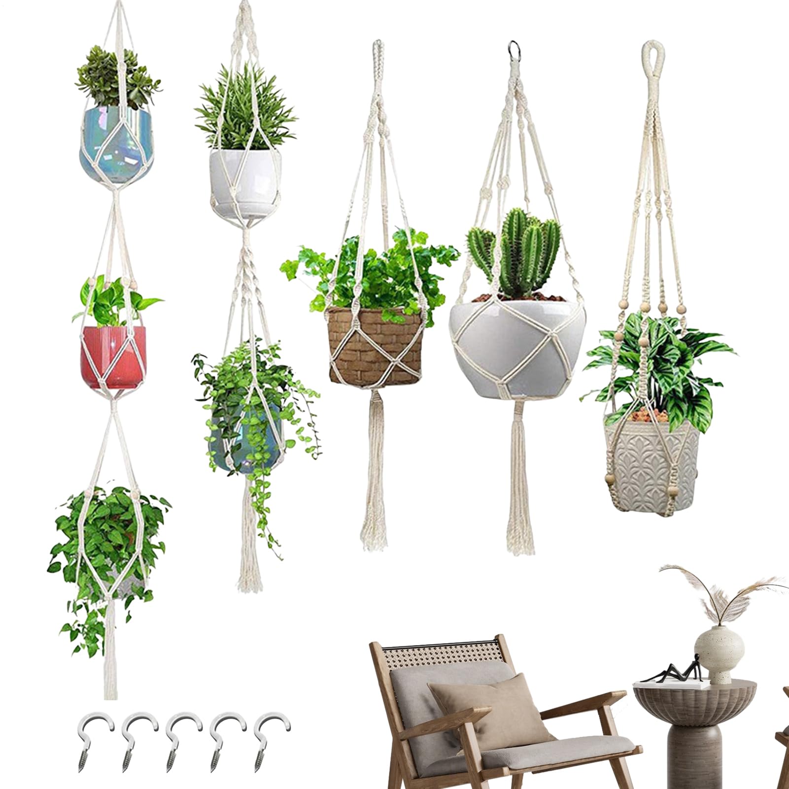 Portavasi Appesi in Macramè Set Di 5 In Stile Boho | Portavasi Per Vasi Da Fiori Da Interno Per Piante Grasse Da Appendere A Soffitto Parete Balcone Camera Da