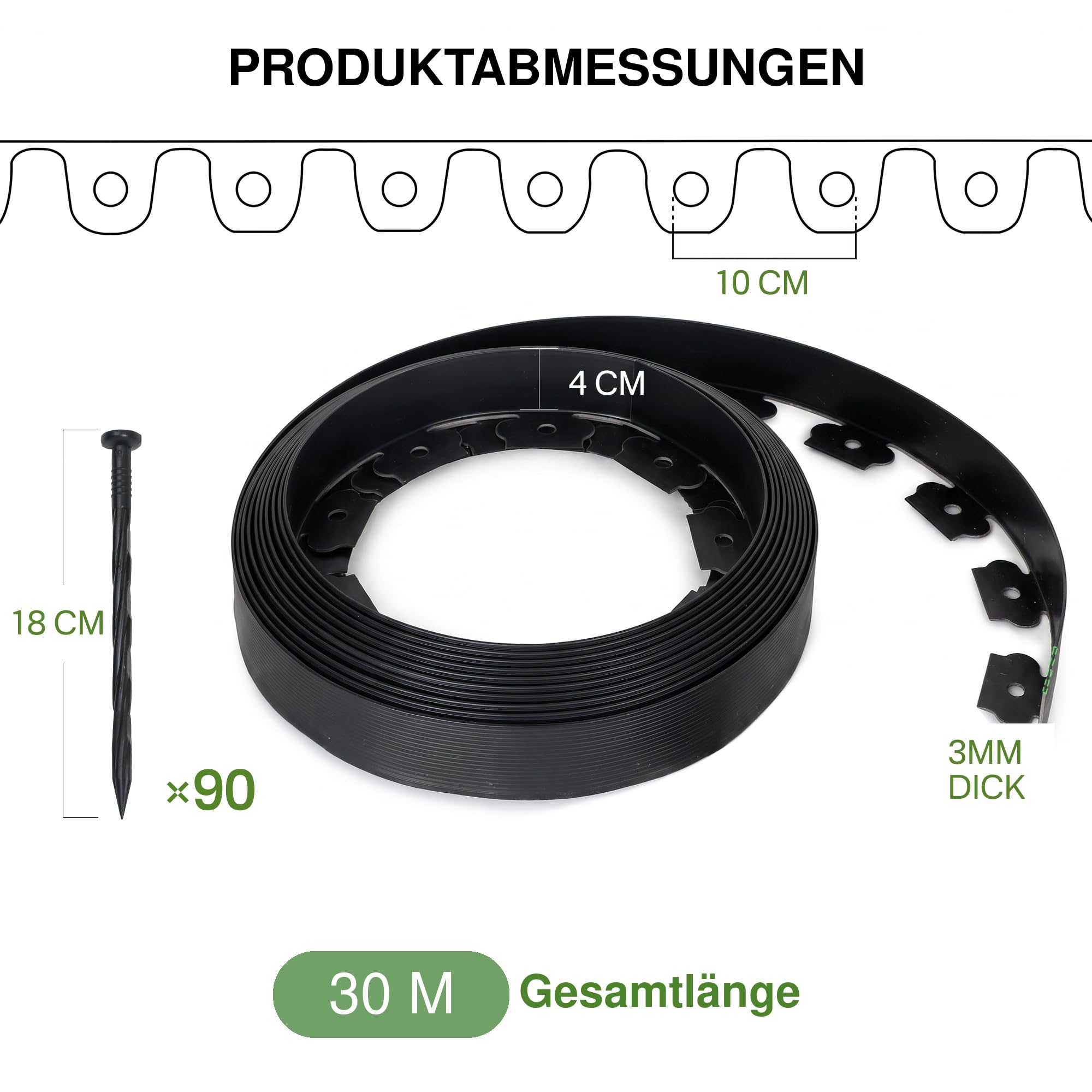 Flexible Rasenkante Kunststoff 30M Höhe 4cm Schwarz