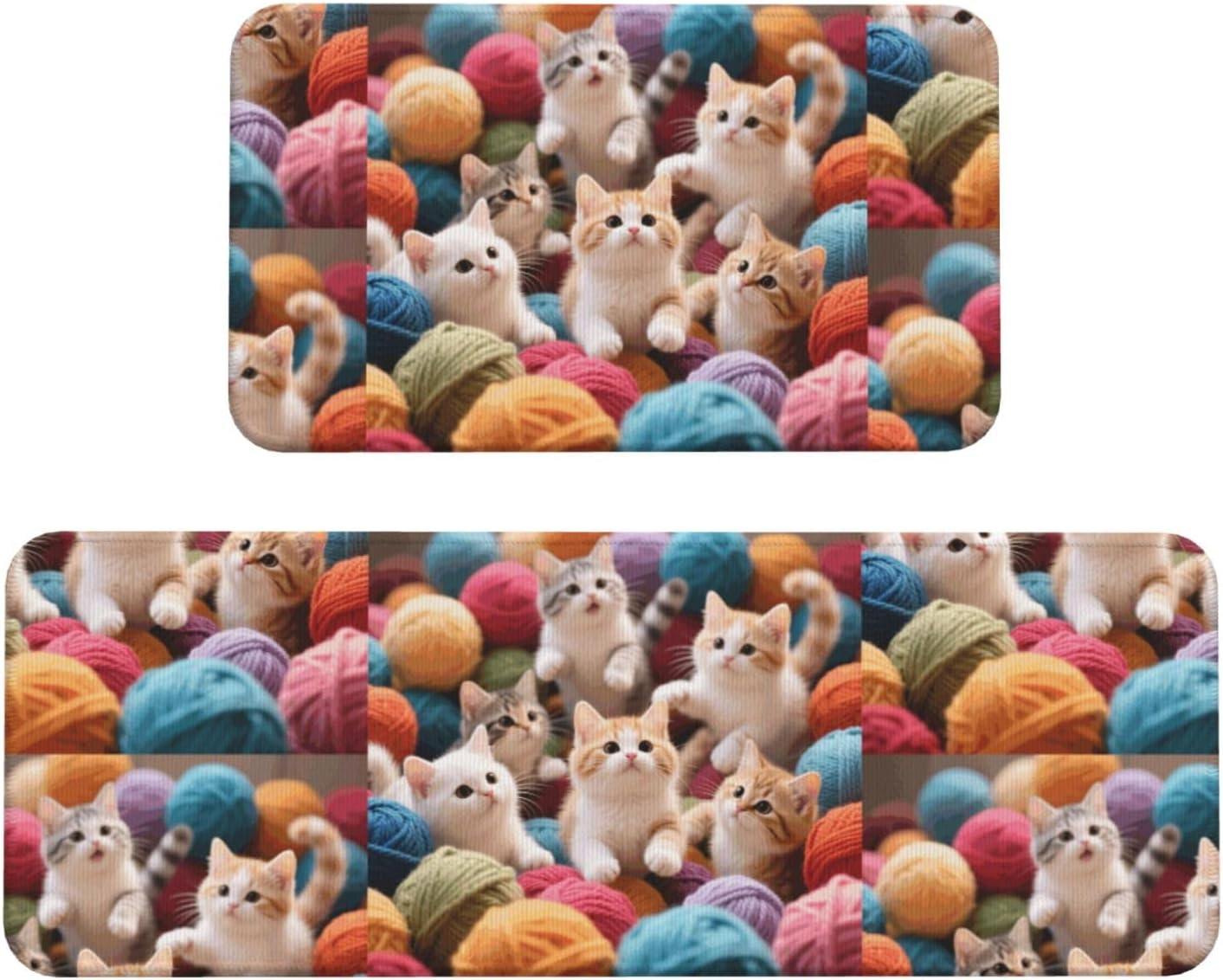Cute Kittens Kitchen Rugs Set of 2, Cushioned Anti-Fatigue Kitchen Mats for Floor, Waterproof Comfort Standing Mat Absorbent Velvet Kitchen Runner Rugs 17"x30"+17"x47"