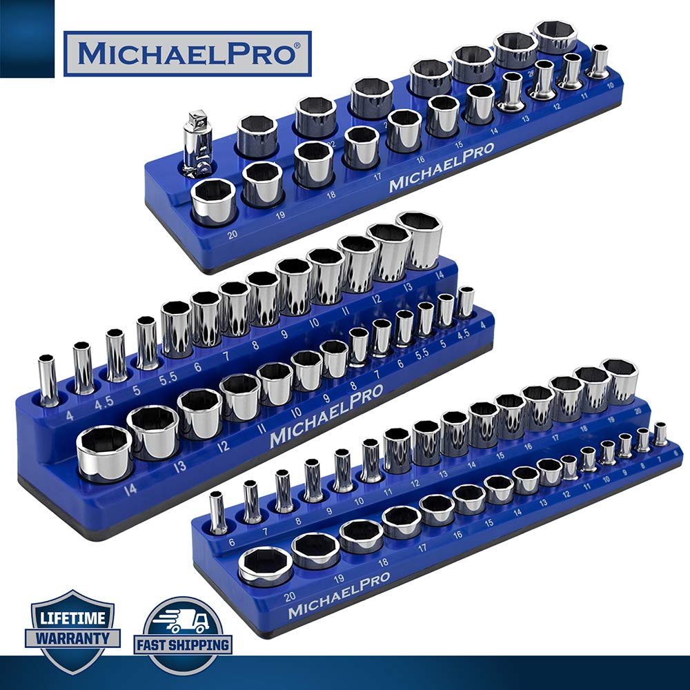 MichaelPro MP014003 Steckschlu00fcssel Schiene Magnetisch 3 Stk. - 1/4", 3/8" & 1/2" SAE