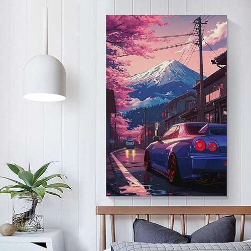 Miniatura 5 de FeoYoed Pósteres artísticos para pared, diseño de anime, Jdm Car R34, con diseño de cerezo Fuji, impresiones de decoración estética moderna para