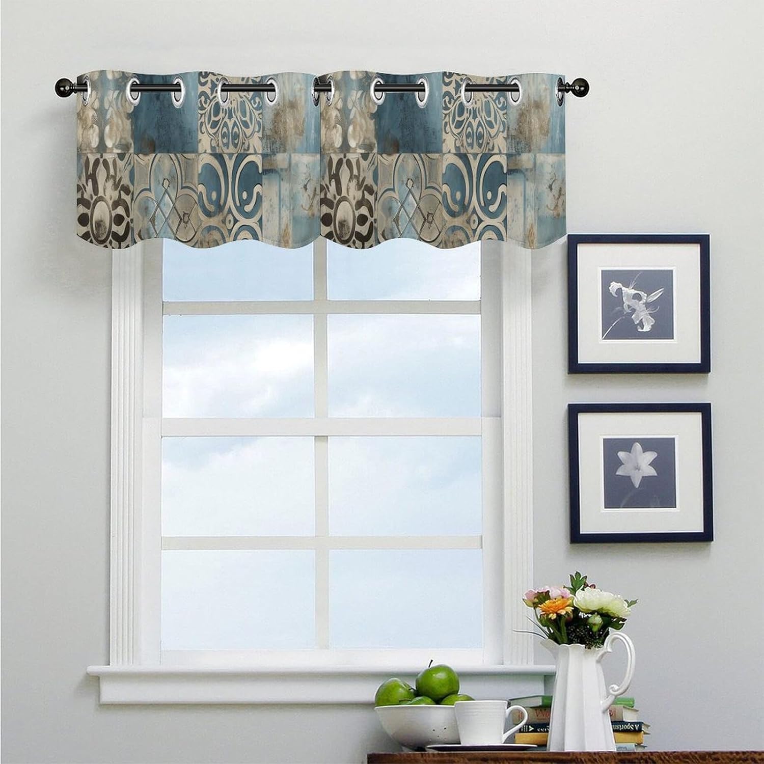 Blue Retro Pattern Valance for Windows, 2 Pack Kitchen Curtains Modern Home Decor, Soft Blackout Window Curtains for Living Room & Bedroom, 18 X 52 Inch