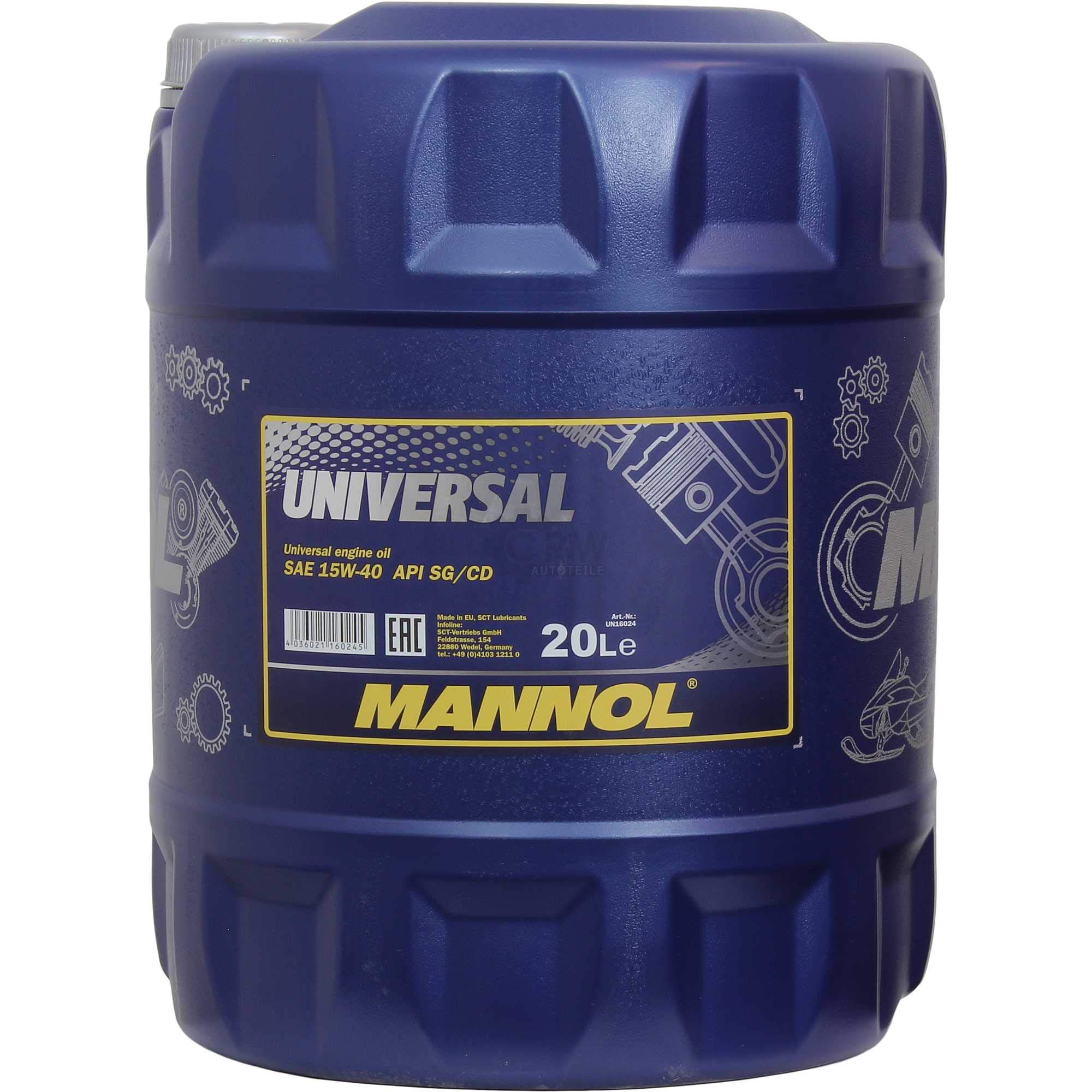 20L MANNOL Olio motore Universal 15W-40 API SN/CH-4, olio per motore con rubinetto di scarico incluso