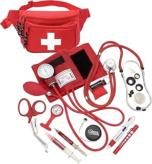 ASA TECHMED Lifeguard Fanny Pack with Aneroid Sphygmomanometer Manual Blood Pressure Cuff, Stethoscope, CPR Shield, EMT Shear, Nurse Watch and Accessories Red First Aid Kit