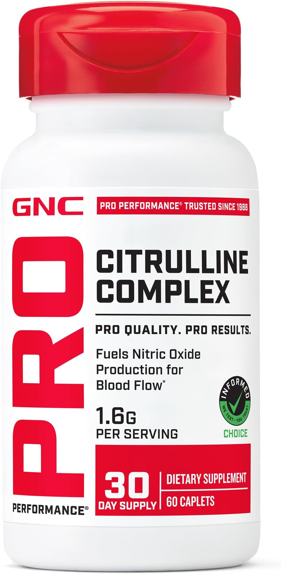 GNC Pro Performanceยฎ Citrulline Complex - 60 Tablets | L-Citrulline Fuels Nitric Oxide Production, Supports Healthy Blood Flow with Hydrolyzed Whey Peptides, Gluten-Free