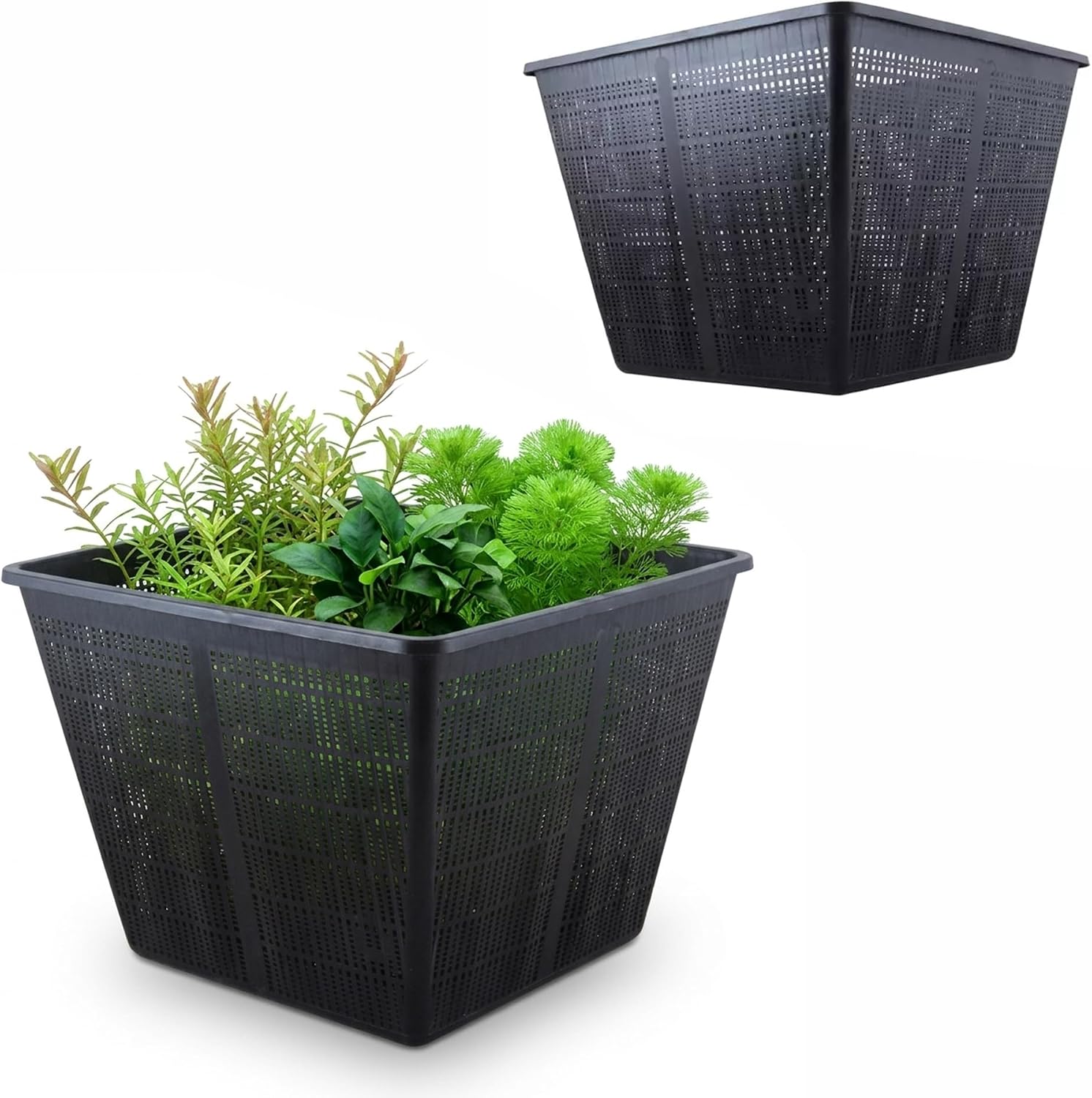 HAPPET Koszyk do roślin wodnych stawowy 28×28 cm kwadratowy – czarny, trwała donica do oczek wodnych, zapobiega wypłukiwaniu podłoża