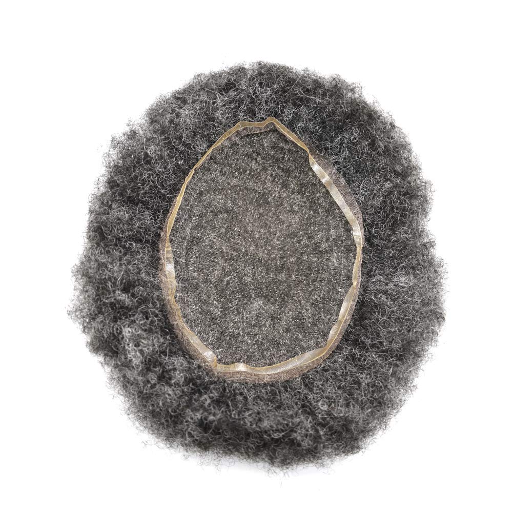 Afro Toupee For Black Men Kinky Curly African American Men All Lace Afro Wavy Male Prothesis Hair Replacement Systems 100% Brazilian Human Hair Undetectable Full French Lace Man Balding Hairpieces (6MM AFRO WAVE, #1B30 1B# OFF BLACK WITH 30% SYNTHETIC GREY)