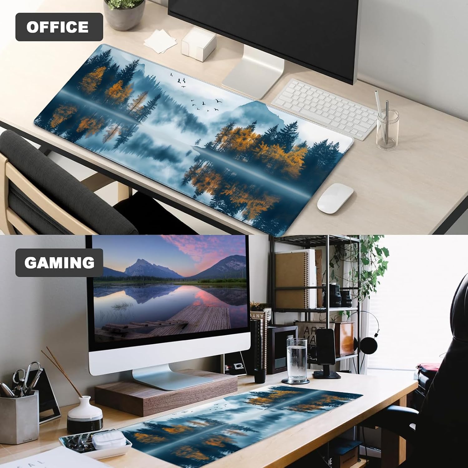 Mountain Lake Gaming Mouse Pad – 12x31.5in Non-Slip Rubber Desk Mat with Autumn Forest Misty Landscape Design – Large Extended Mousepad for Office Home – Deskmat Gifts for Nature Lover Decor