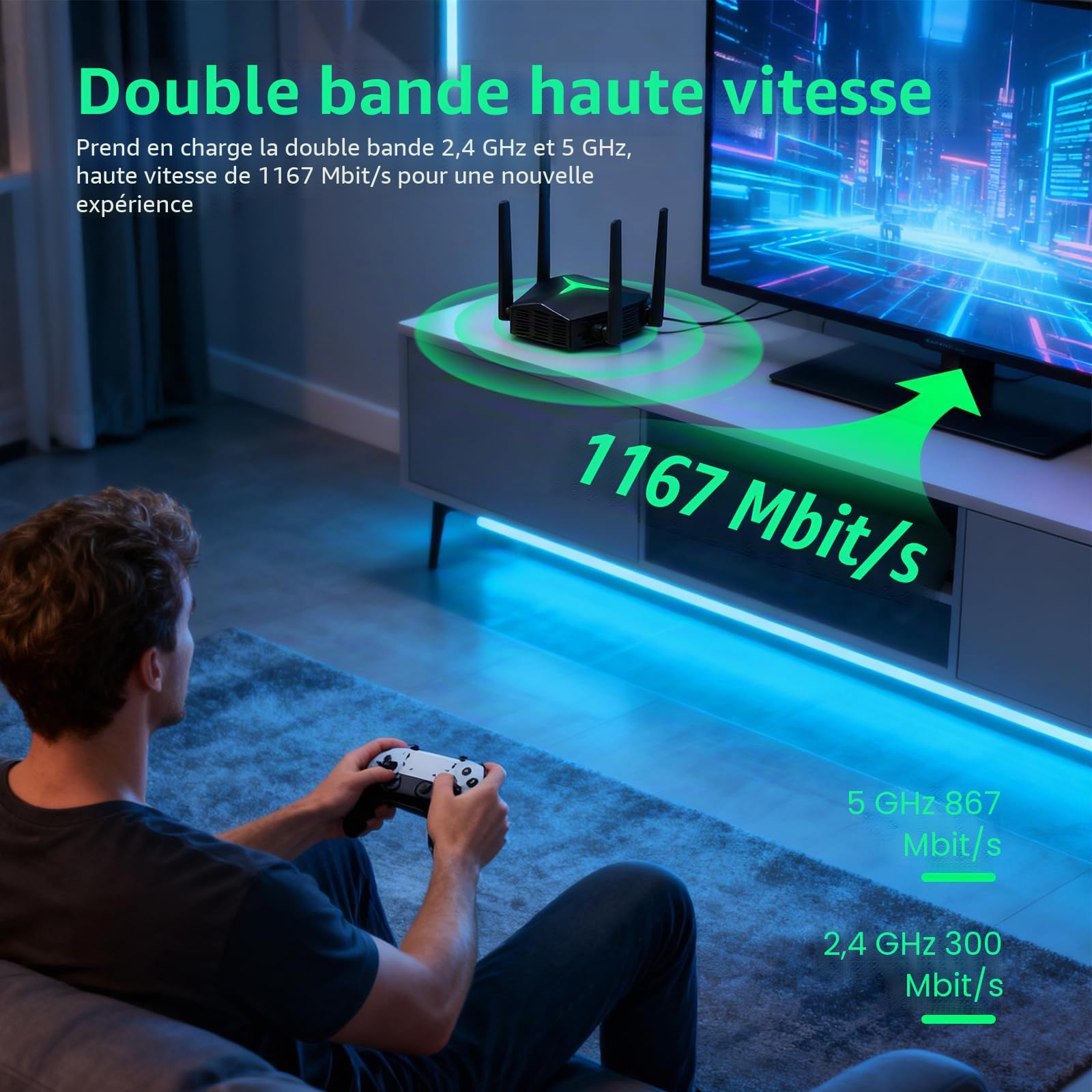 Répéteur WiFi, AC1200 Amplificateur de Signal WiFi Double Bande 2.4GHz et 5GHz, WiFi Extender Signal Booster avec 2 Port Ethernet, Jusqu'à 12000 Sq.ft (Noir)