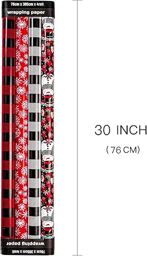Miniatura 2 de LeZakaa Rollo de papel de regalo de Navidad, muñeco de nieve, copo de nieve, cuadros rojos y negros para envolver regalos, manualidades, 30 x 120