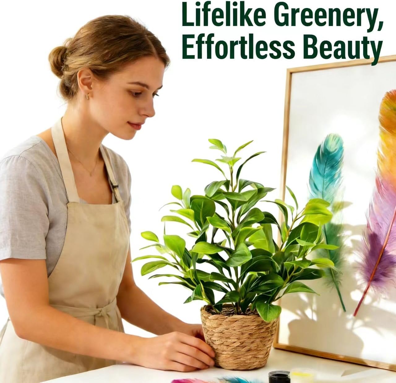 16 inch Artificial Peperomia Potted Plant in Woven Basket Planter Lifelike Two Tone Green Leaves Faux Indoor Branches for Home Office Desk Shelf Bathroom Table Decor
