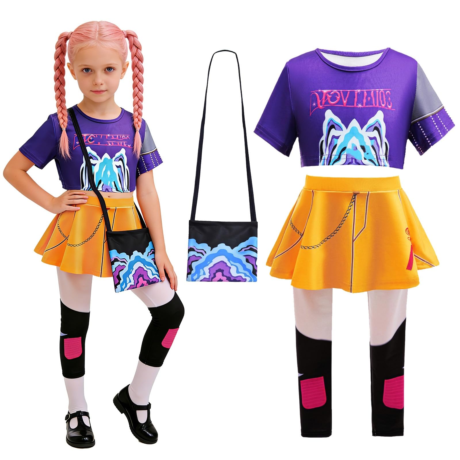 Kitimi Costume for Girls Kids Outfit- K Pop Costume Anime Movie Pop Singer Idol Pant with Bag, Kids Cosplay Outfits for World Book Day Carnival Halloween Party Fancy Dress Up