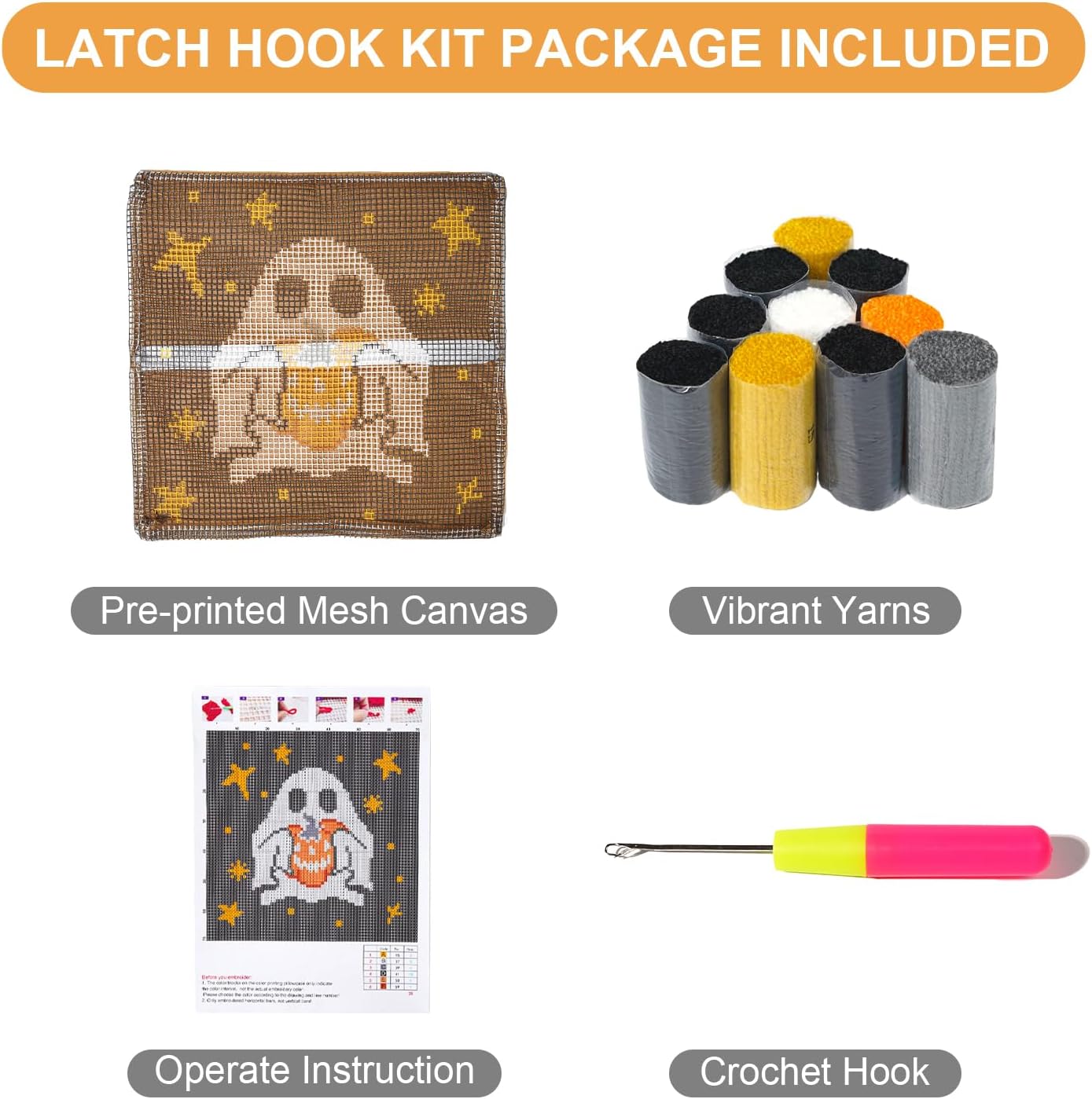 QIONG MENG Latch Hook Kits for Adults, DIY Halloween Ghost Pattern Pillow Cover Kit Needlework Cushion Cover Hand Craft Crochet for Home Sofa Decorations 17 x 17 Inch
