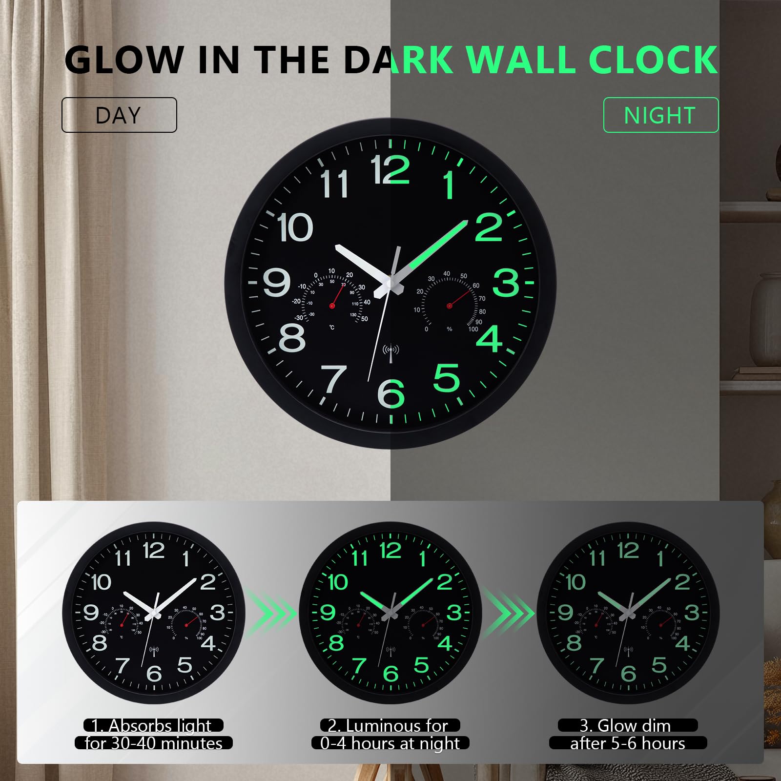VIVILINEN Orologio da parete radio luminoso con indicatore di temperatura e umidità, orologio da parete senza rumore, moderno, per soggiorno, cucina, camera da letto, ufficio