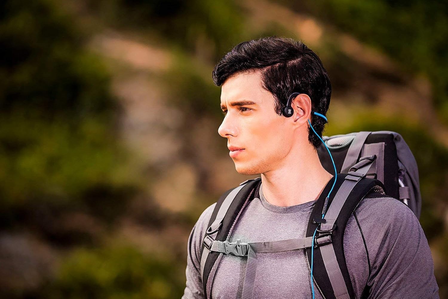 AfterShokz Sportz Titanium with Mic - Wired Open-Ear Bone Conduction Headphones with Microphone - Ocean Blue - 4 ft Wire - 12 Hr Battery Life - 2 Hr Charge Time - Standard 3.5 mm Audio Jack (AS451OB)