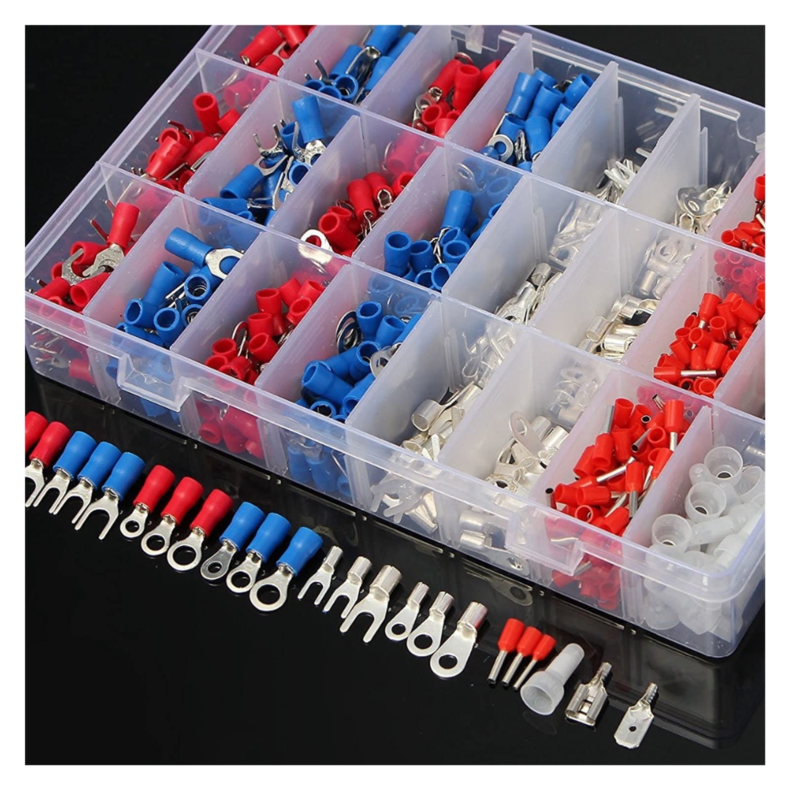 1000pcs 24types Cable de cable eléctrico Crimp Terminales Kit Pin Conectores End Aislados Spade Horquilla Anillo Sitificado Set
