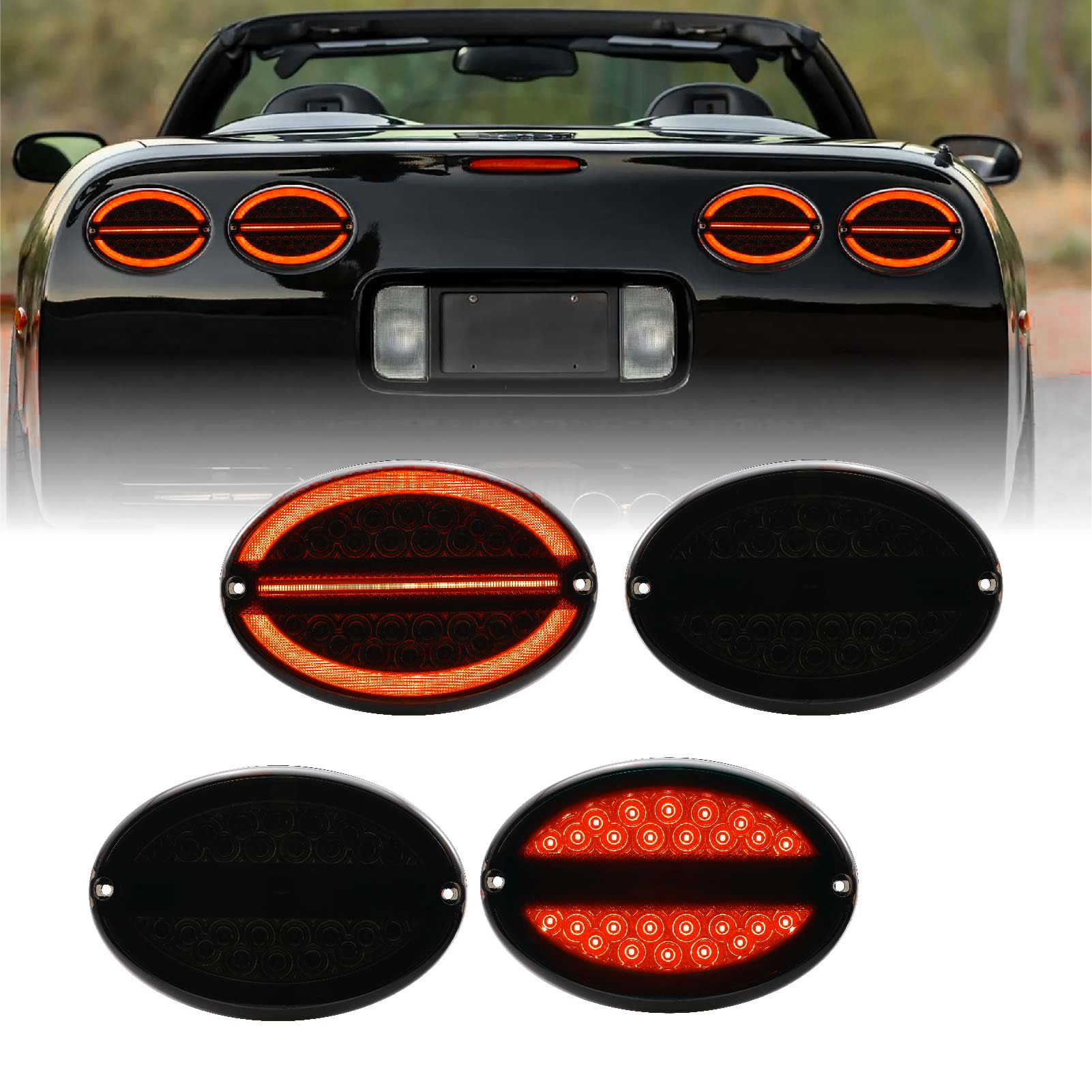USR 97-04 Corvette C5 Rear SMOKED Lens RED Oval LED Light Bar Tail Light Set - Tail Lamp Assembly (Left + Right) Compatible with 1997-2004 Chevy Chevrolet Corvette Vette C5 Base including Z06