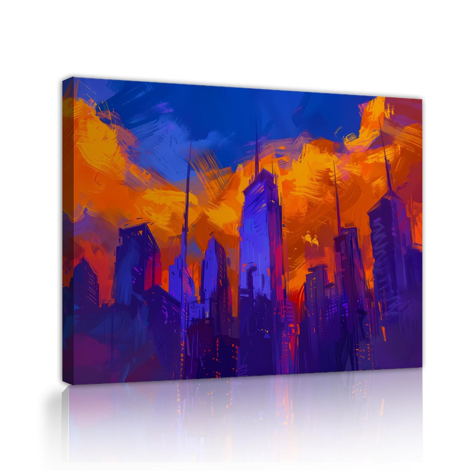 UIRINGART Bleu et Orange Aquarelle Toile Affiche Future Ville Scène Nuit Décor Mural Pour Chambre Salon Couloir Salle Bain Bureau 60x80cm Cadre Intérieur