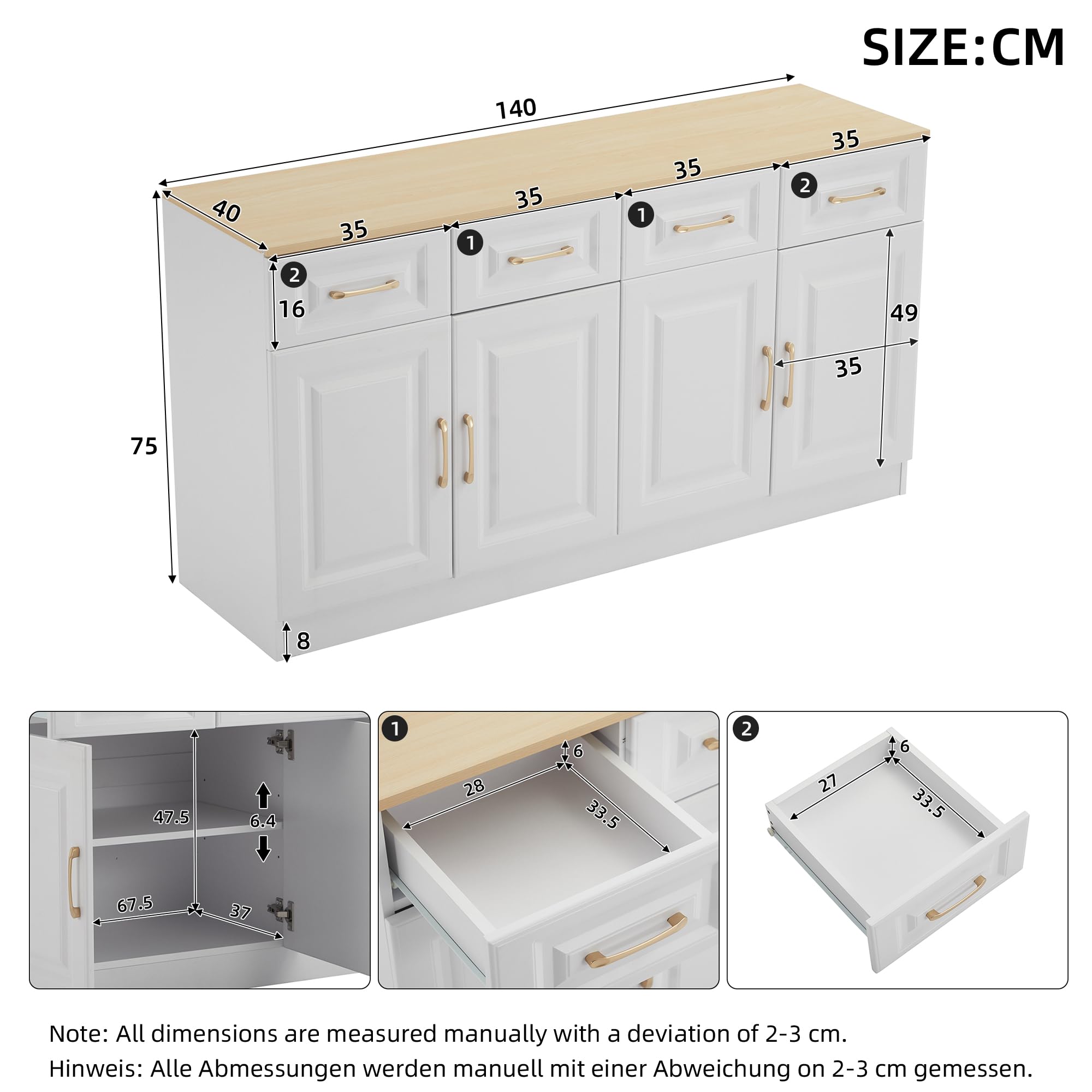 Aparador Cocina, Aparador Mueble De Cocina, Buffet Comedor con 4 Cajones y 4 Puertas, Mueble Bar, Aparadors Vitrina para Dormitorio, para Salon, Comedor, Sala de Estar, 140×40×75 cm (Blanco-A)