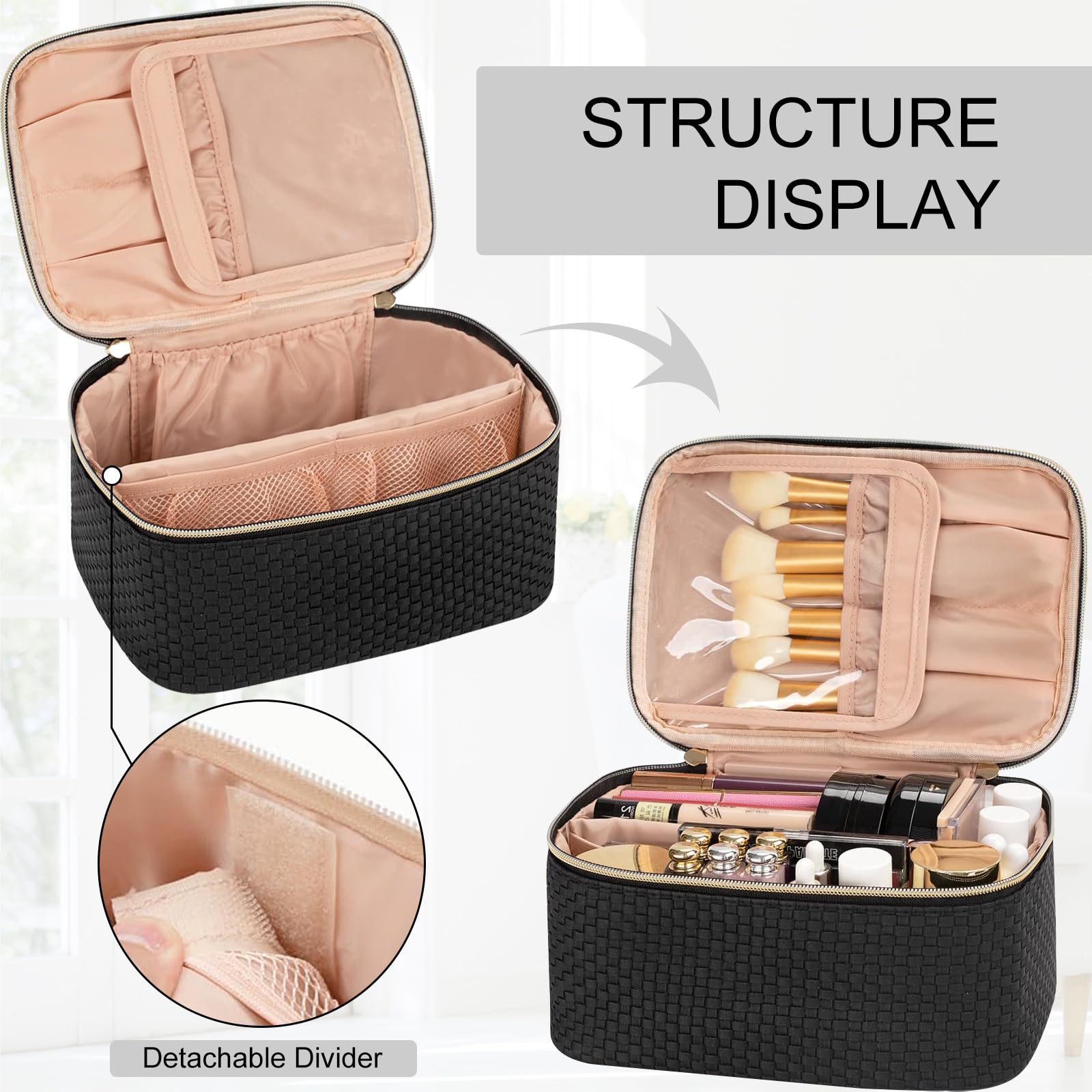 Neceser Maquillaje,Neceser Mujer Grande Viaje con Porta Brochas,Impermeable Bolsa de Maquillaje Organizador con Compartimento (Negro Elegante)