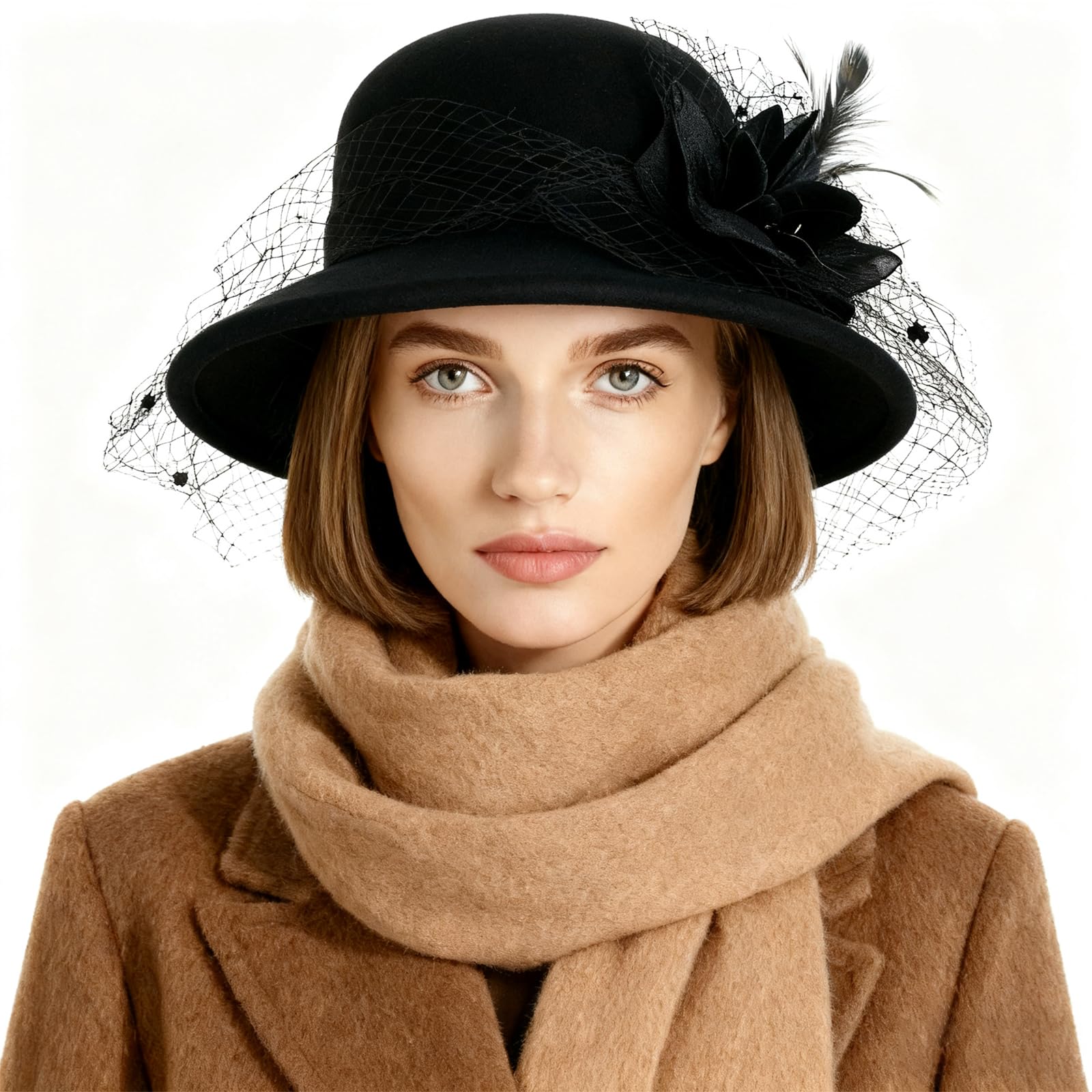YJZQ Femmes Chapeau Melon en Feutre élégant Chapeau Cloche à Fleur Voile Bonnet Charleston année 20 Couvre-Chef Style Vintage 56-58CM