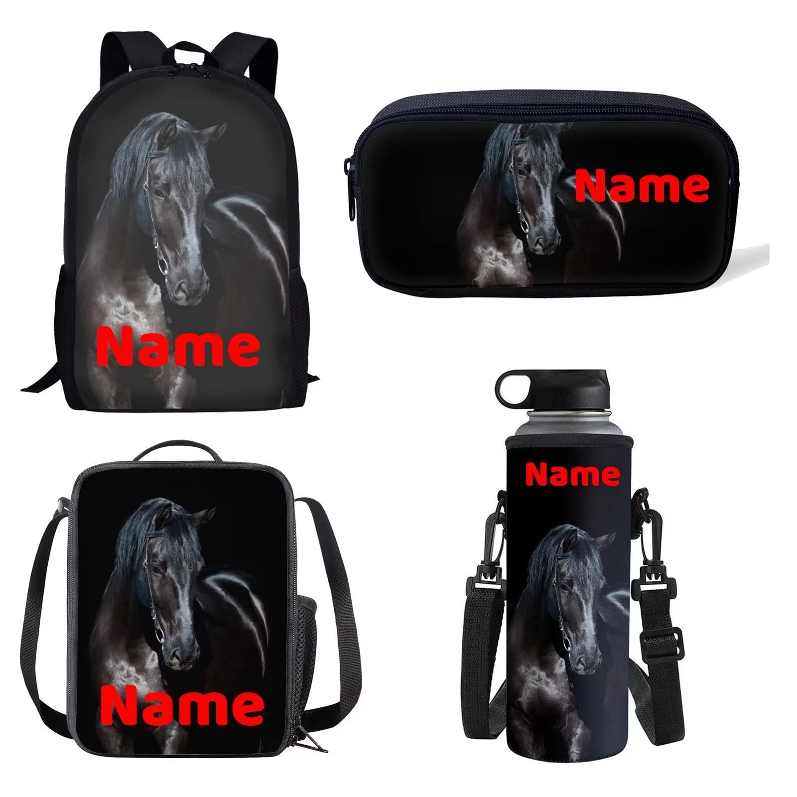 Belidome Lot de 4 sacs à dos d'école, trousse à crayons, sac à déjeuner, porte-bouteille pour enfants, garçons, grirls, Cheval avec nom, taille unique