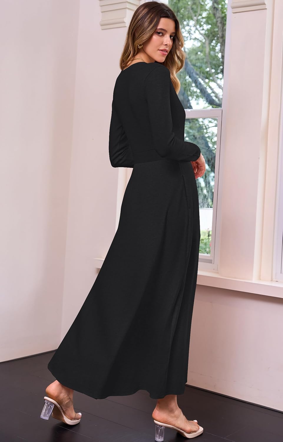 MISFAY Women's Casual Wrap Maxi Dress Long Sleeve Wedding Guest Cocktail Dresses A-Line Deep V-Neck with Pockets Dresses - Image 5