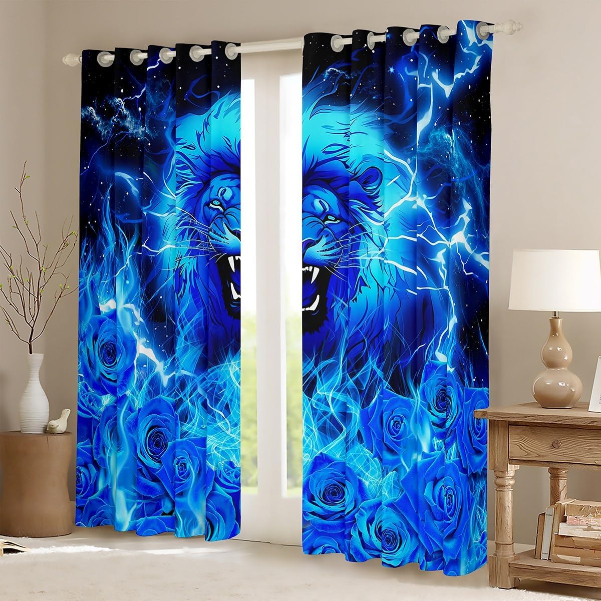 Manfei Lion Kids Blackout Curtain,Rose Flowers Romantic Valentine's Day Window Drapes for Boys Men,Wild Animals Lightning Blue Fashion Window Treatments Grommet Top 2 Panel Set,38Wx45L inch