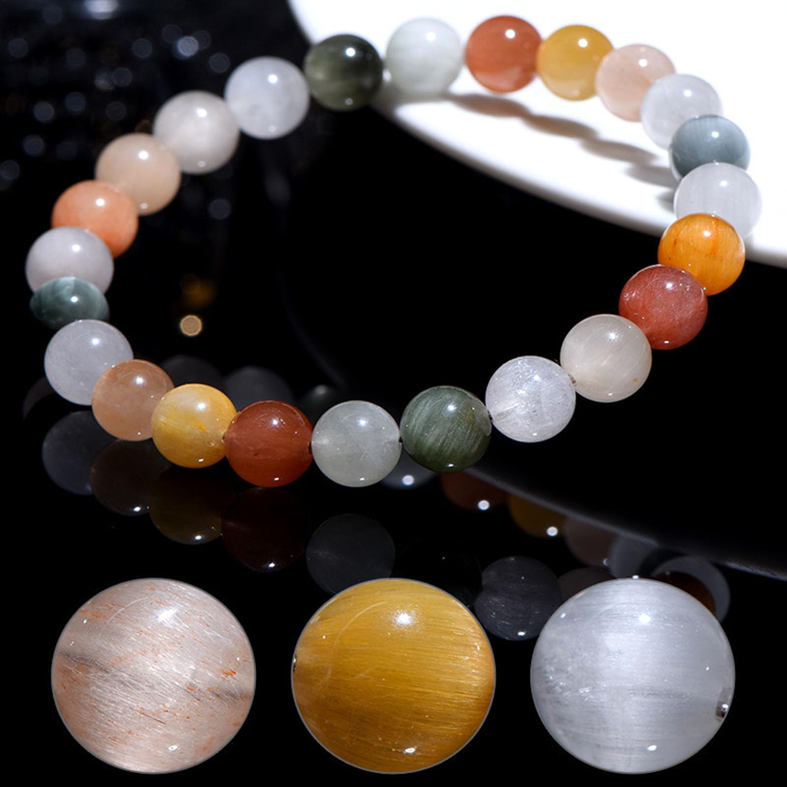 Echtes mehrfarbiges Haarquarz-Armband Rutilquarz-Haararmband in weißem Rauch, natürlicher seidiger Kristall für Harmonie und Kreativität, elastisches Stretch-Armband Unisex,4a,7MM