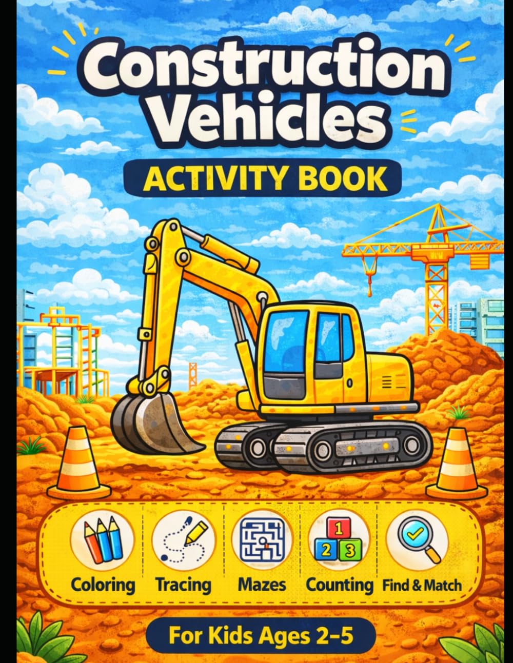 Construction Vehicles Activity Book for Kids Ages 2-5: Coloring, Tracing, Mazes, Find & Count Fun