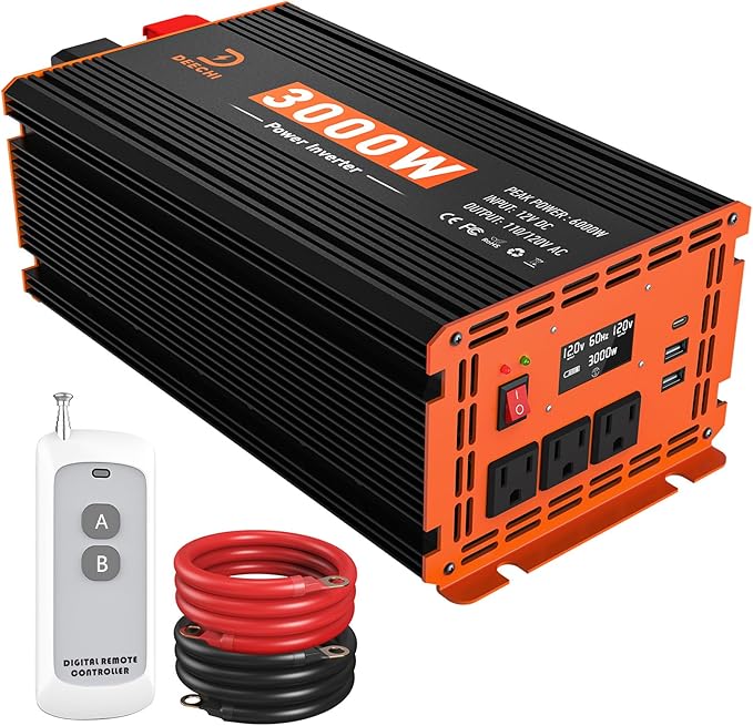 3000W Power Inverter 12V DC to 110V/120V AC Converter for RV/Truck/Boat/Camping/Off-Grid Solar Car Power Inverter Peak Power 6000W with 3 AC Outlets,USB & Type-C Port, Remote Controller & LCD Screen