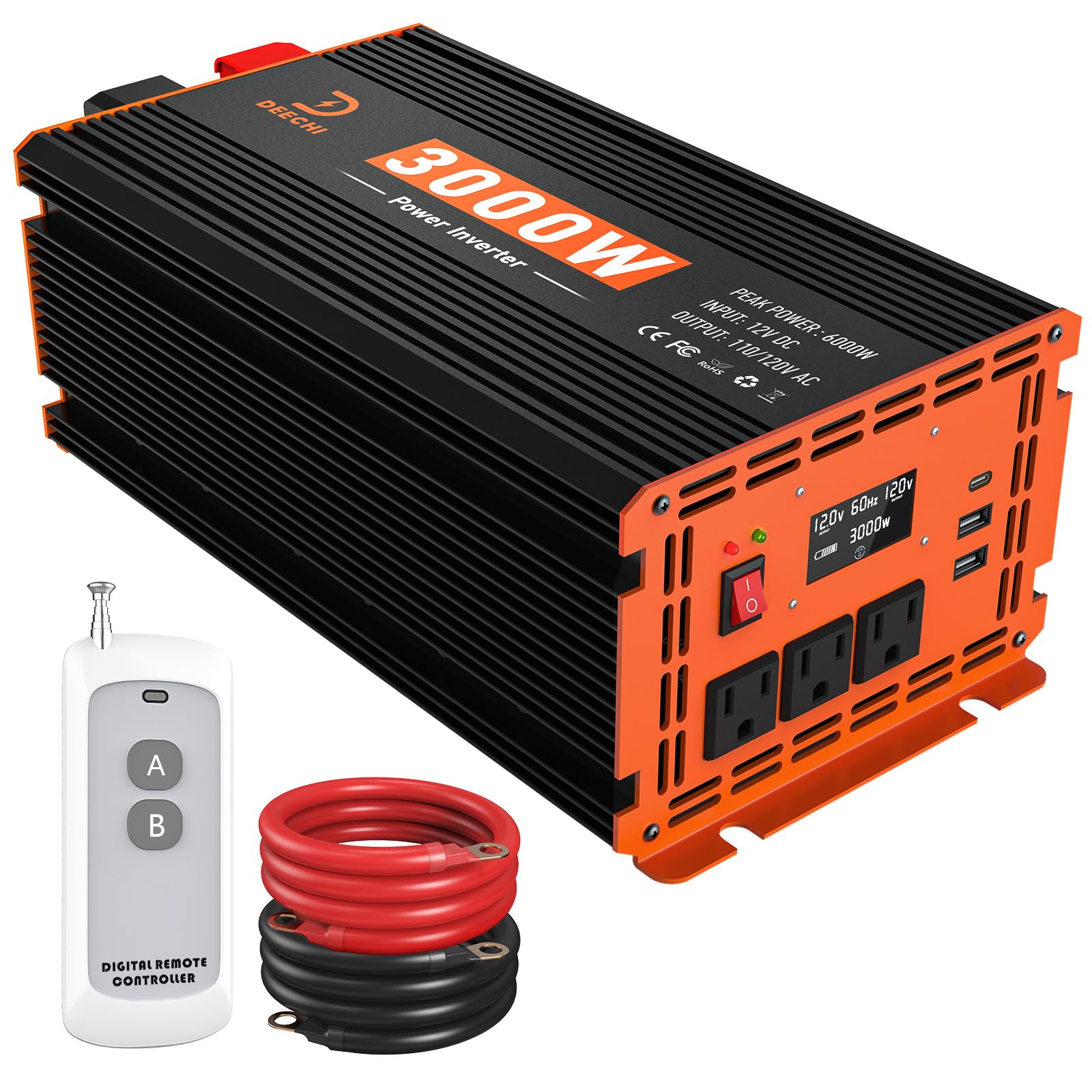 Photo 1 of 3000W Power Inverter 12V DC to 110V/120V AC Converter for RV/Truck/Boat/Camping/Off-Grid Solar Car Power Inverter Peak Power 6000W with 3 AC Outlets,USB & Type-C Port, Remote Controller & LCD Screen
