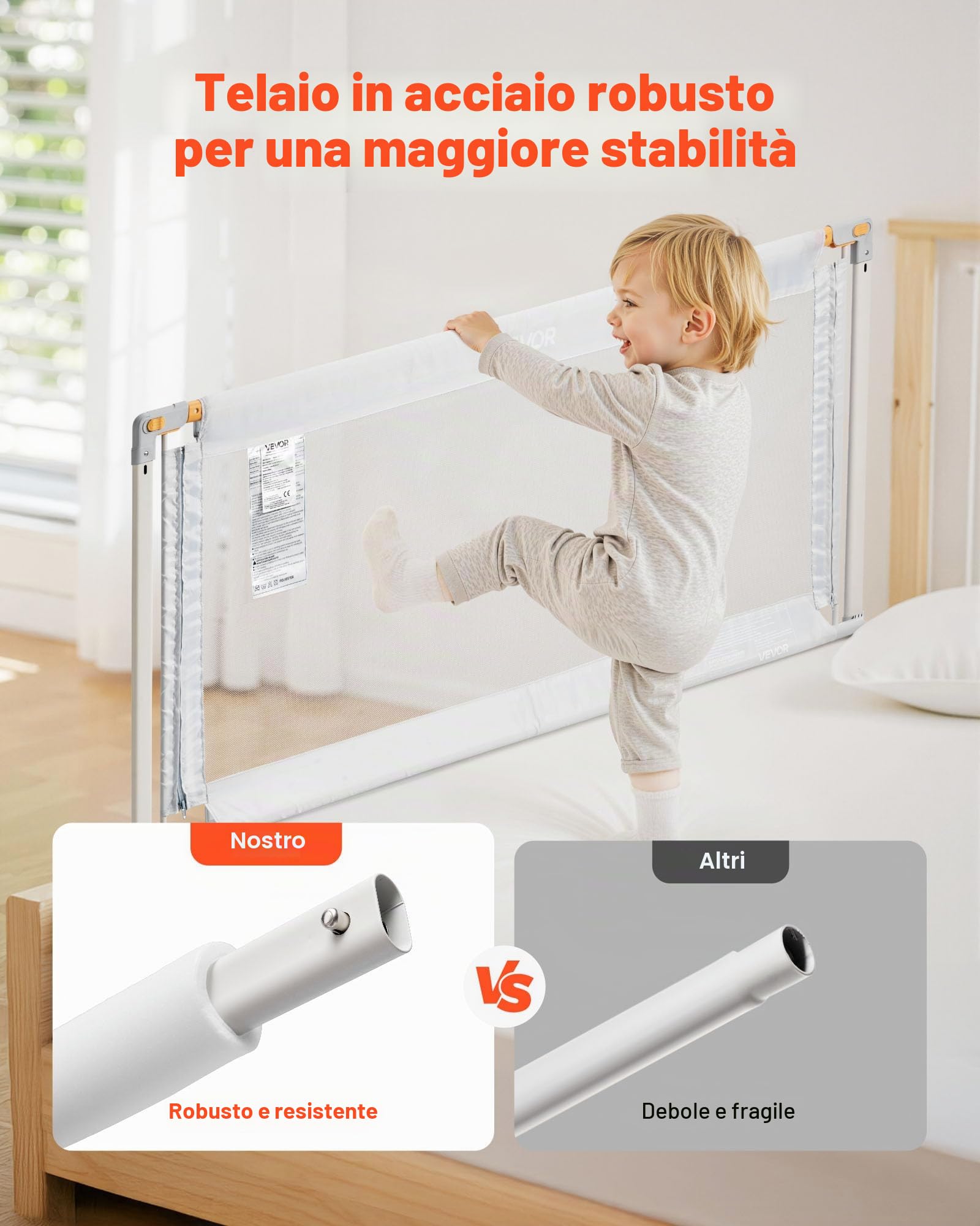 VEVOR Sponda 3 Lati per Letto per Bambini Lunghezza 2 m, Barriera per Lettino per Neonati con Tubo di Ferro Rinforzato, Tessuto Oxford, Altezza Regolabile, per Materassi di Spessore 5-27 cm