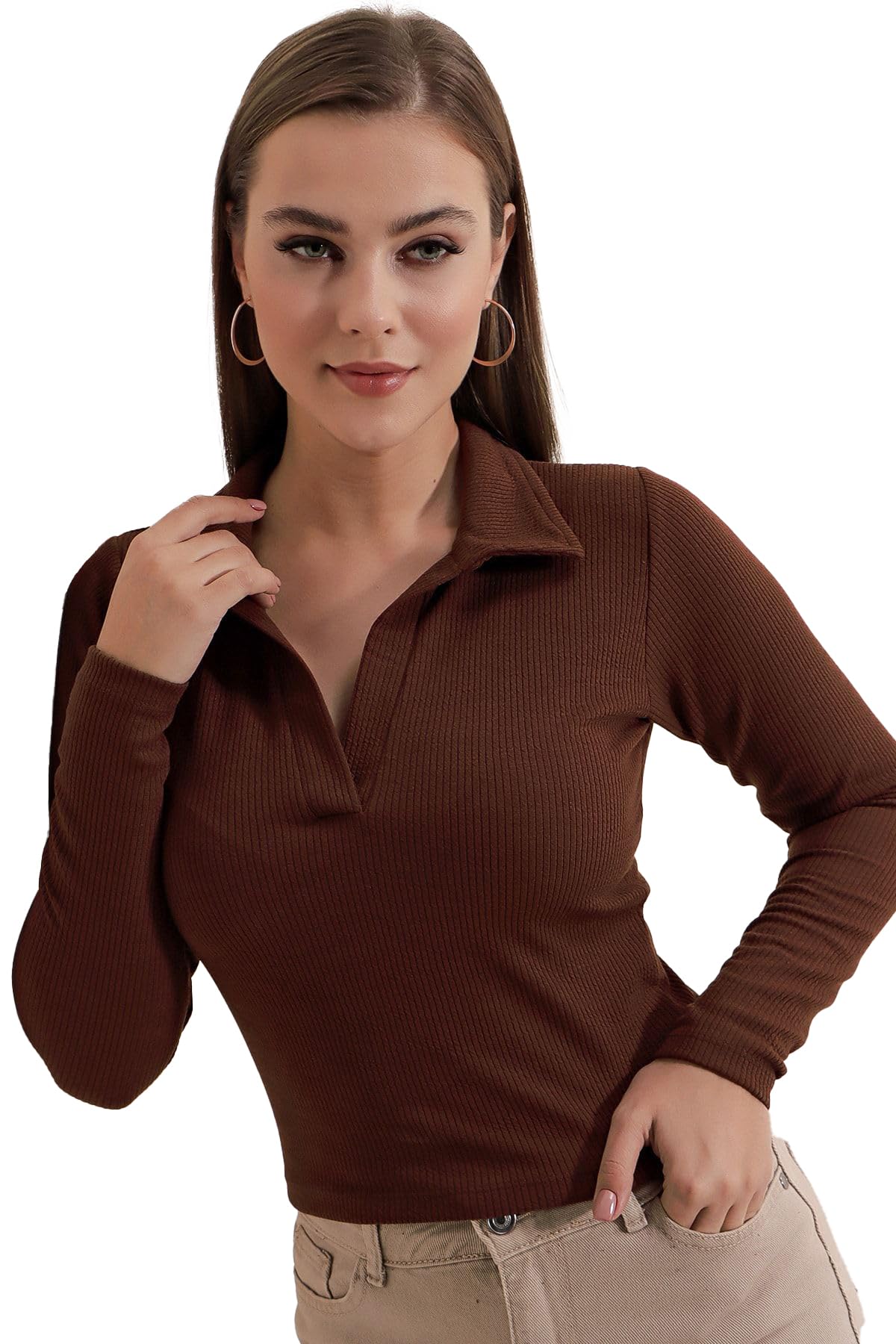 Women's Collared Neck Long Sleeve Slim Fit Casual Tee Top for Woman