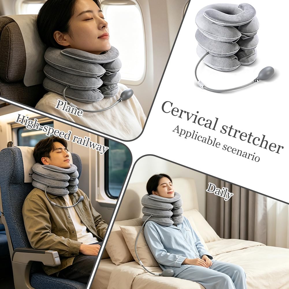 Gonfiabile per la trazione cervicale con design di allungamento a 3 strati e mentoniera, cuscino cervicale per alleviare il dolore, supporto per il collo, per la casa in viaggio (grigio chiaro)