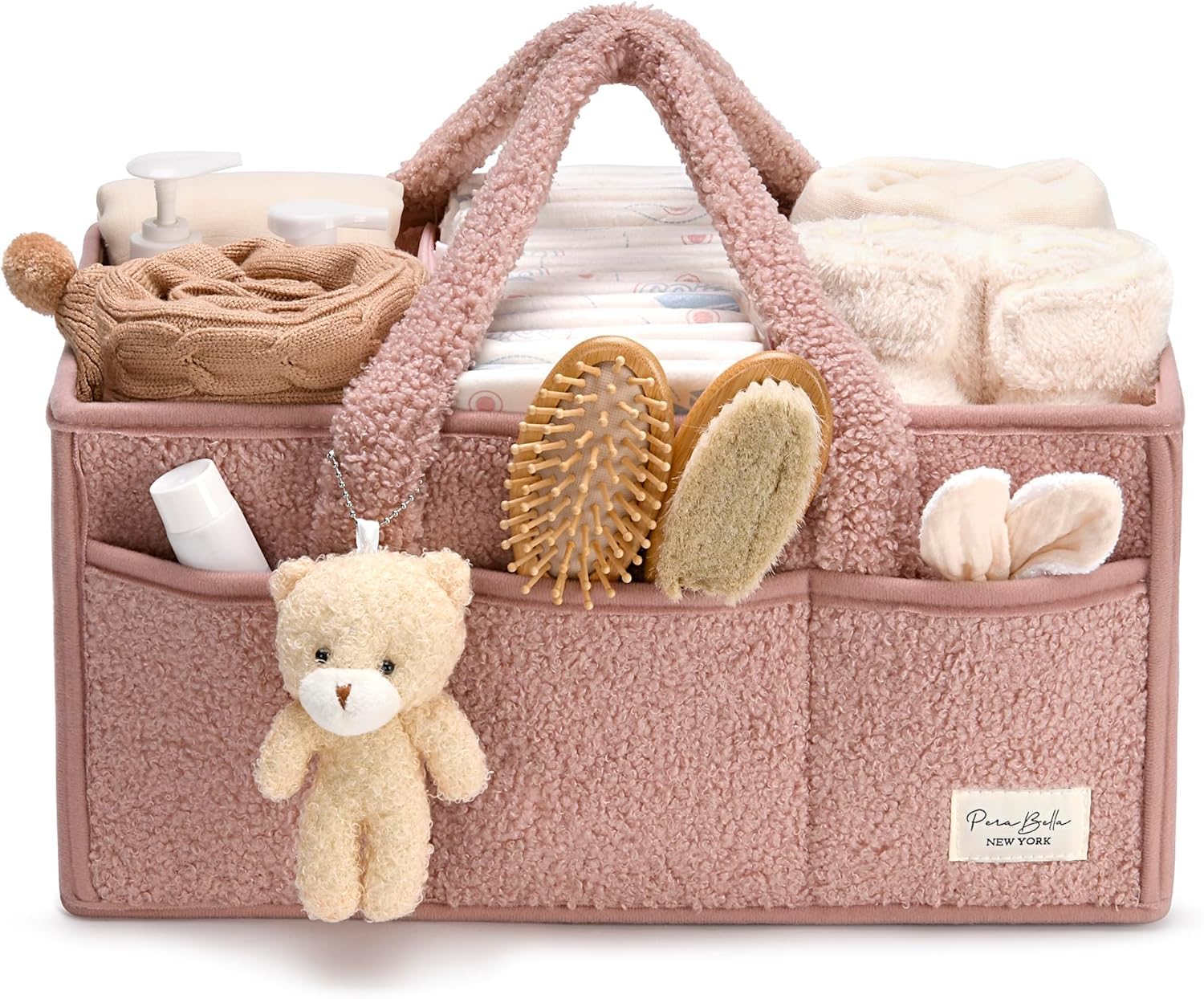 Diaper Caddy Organizer for Baby Essentials - Portable Nursery Storage Basket with Removable Dividers, Changing Table Organizer for Diapers, Wipes & Clothes, Baby Showers Gift - Powder Pink-image-17