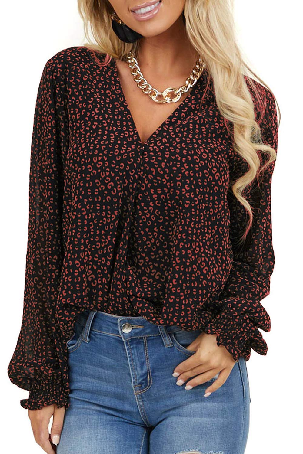 MLEBRWomens Blouses Fashion Long Sleeve V Neck Loose Casual Floral Leopard Printed Chiffon Blouses Tops and T Shirts