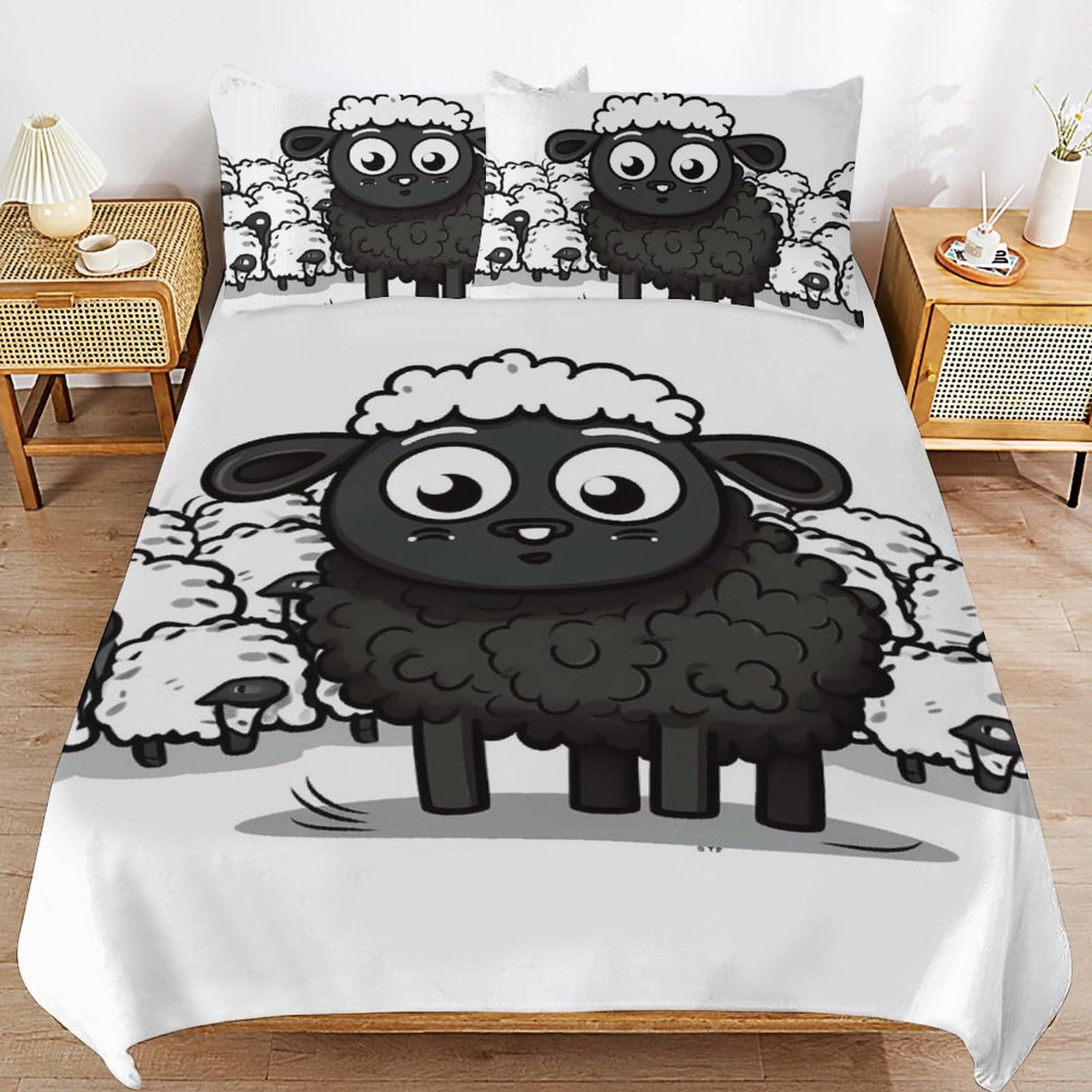 Set di biancheria da letto, 3 pezzi, ultra morbido, spesso, con pecore bianche e nere, con 2 federe, leggero, double-face, per casa/hotel/regali, 218,4 x 177,8 cm