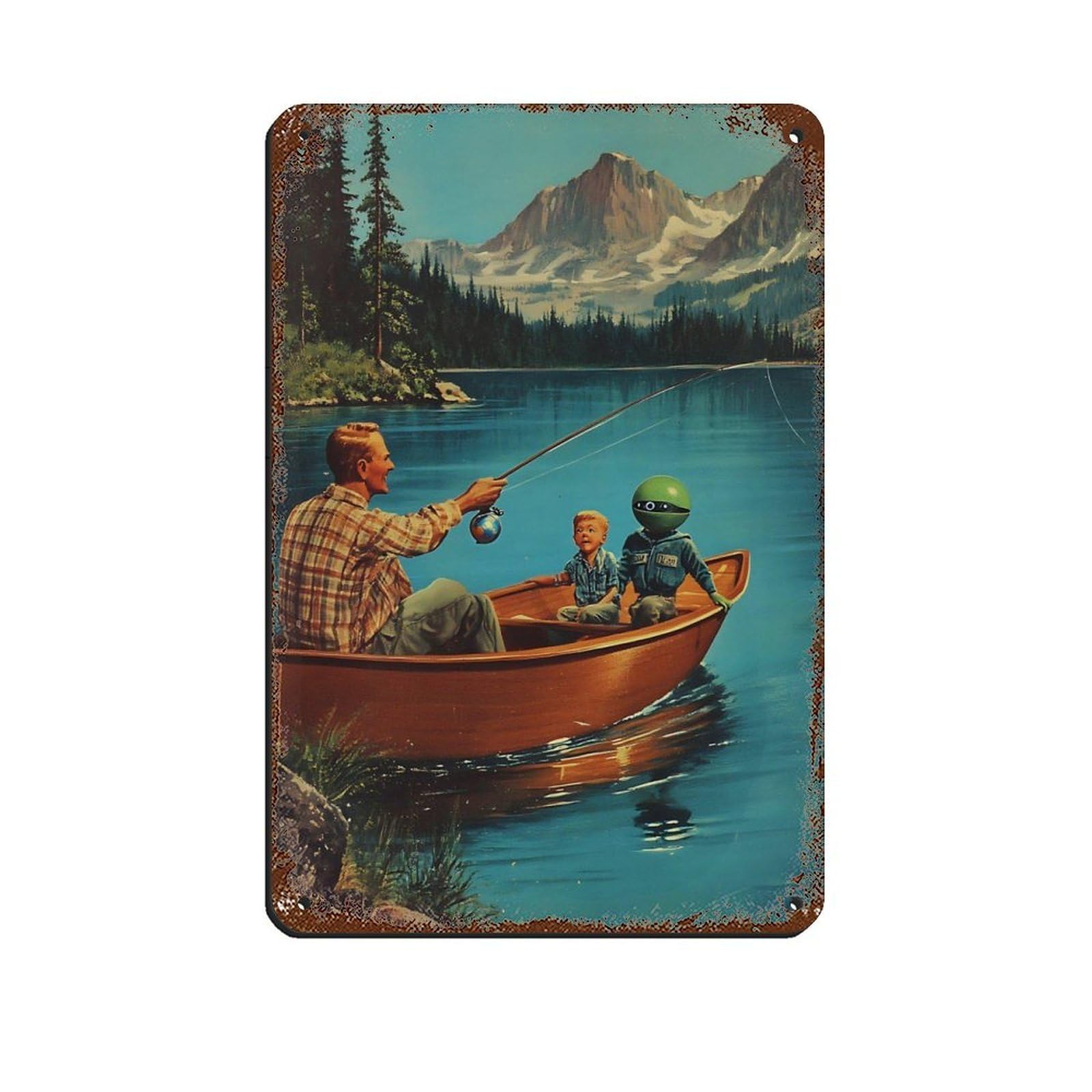 Surreal Fishing Trip With Robot Retro Poster Metal Tin Sign Chic Art Retro Iron Painting Bar People Cave Cafe Family Garage Poster Wall Decoration 8x12inch(20x30cm)