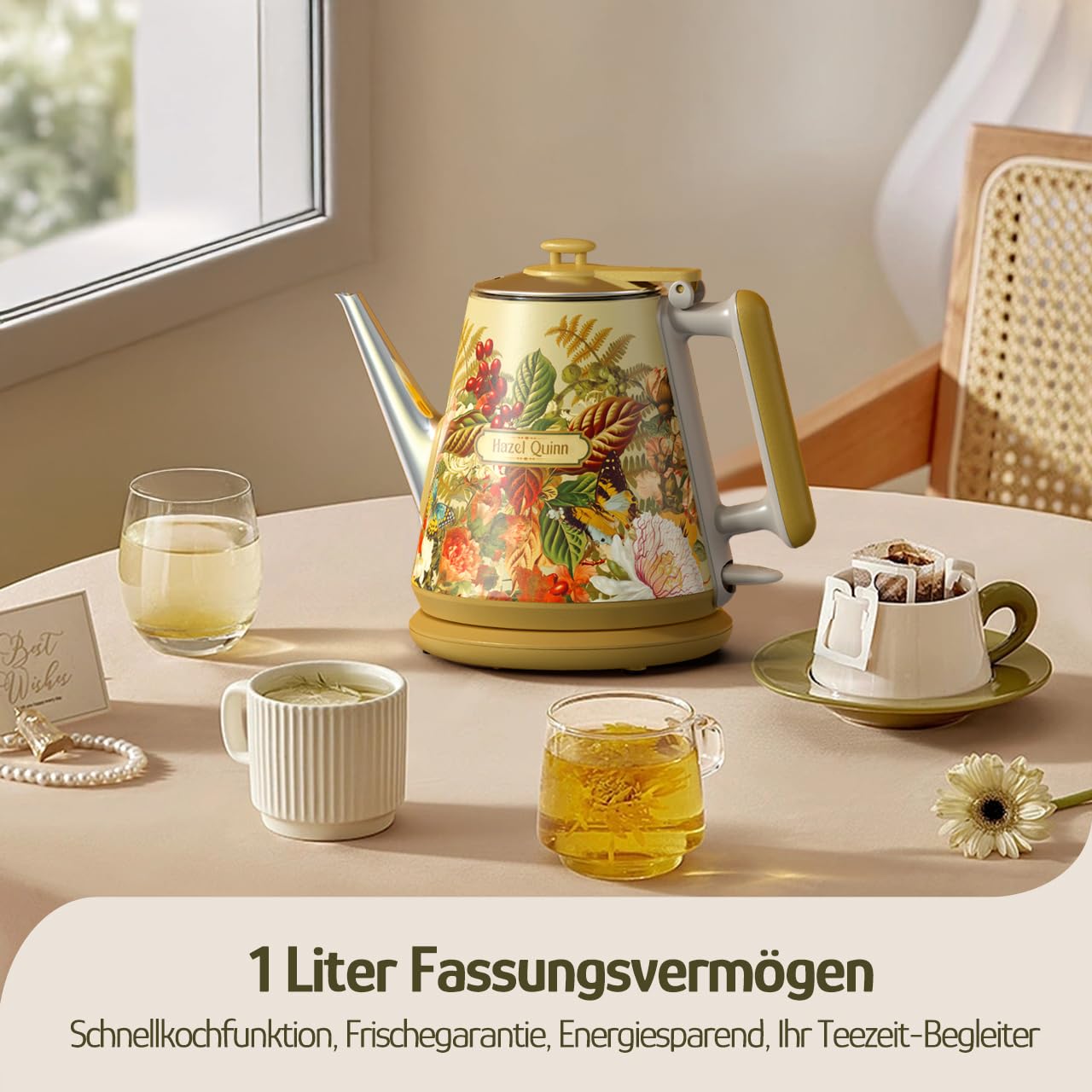 Hazel Quinn × Eduardo Recife 1L Elektrischer Wasserkocher, Floral Design | Doppelwandig, 304-Edelstahl innen, BPA-frei, Schwanenhals für präzises Ausgießen – kompakt für Singles und kleine Haushalte.