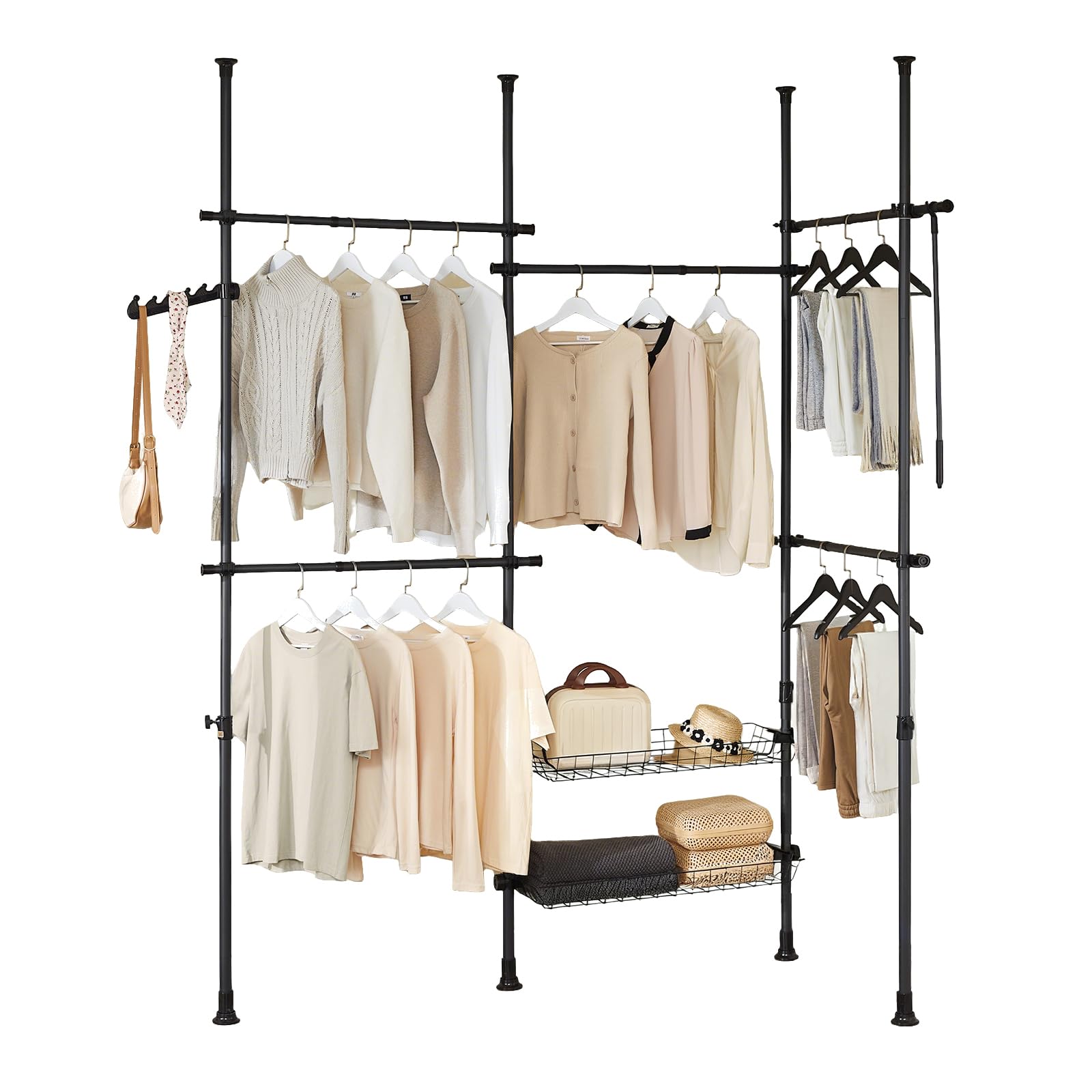 SoBuy Telescopic Clothes Rail, Heavy Duty Clothes Rack, Adjustable Open Wardrobe with Hanging Rails & Shelves for Bedroom, Walk-in Closet Black KLS04-II-SCH