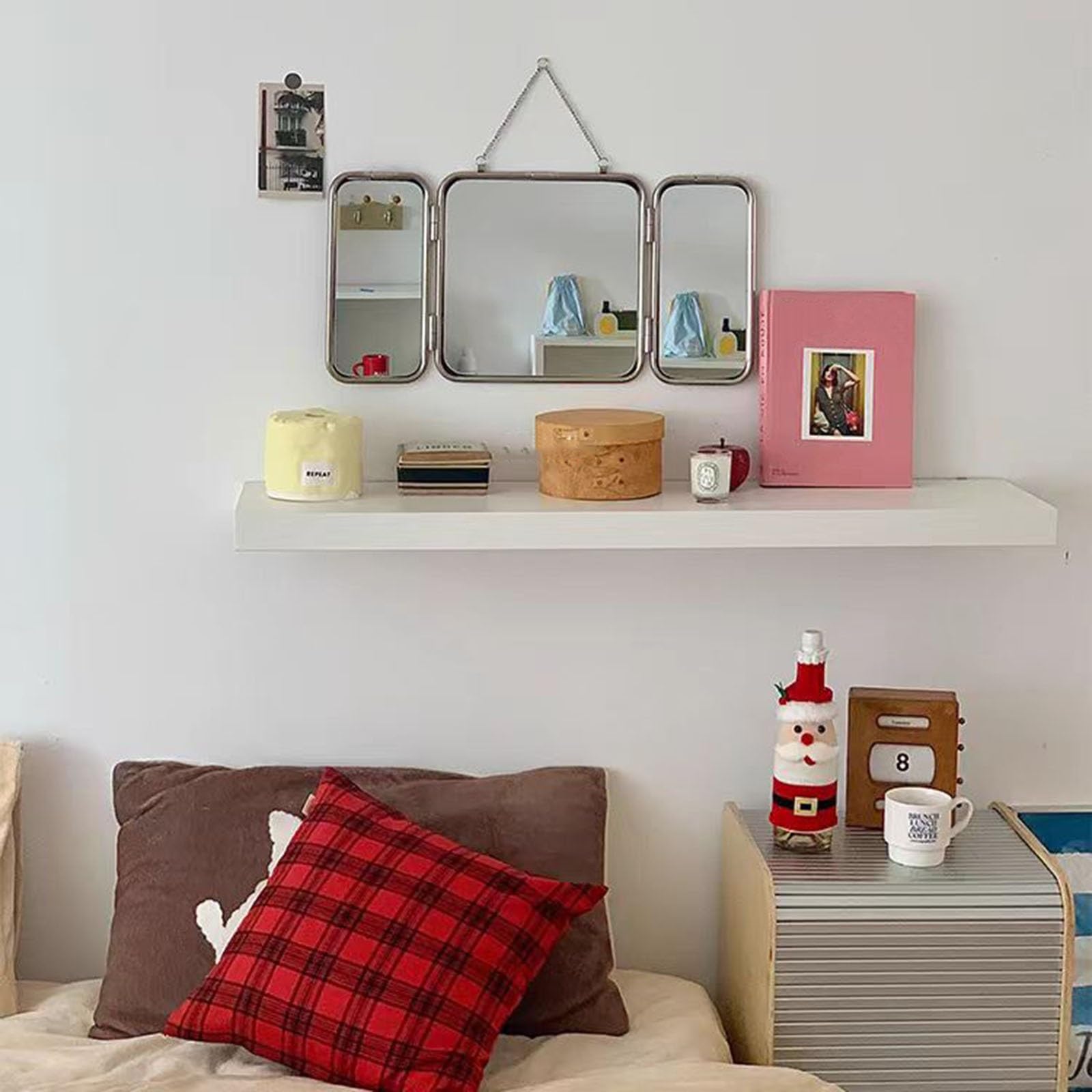 Miroir en Verre À Trois Volets, Miroir De Coiffeuse, Miroir De Maquillage Pliable pour Maison, Miroir De Rasage Mural avec Chaîne, pour Salle De Bain, Salon, Couloir